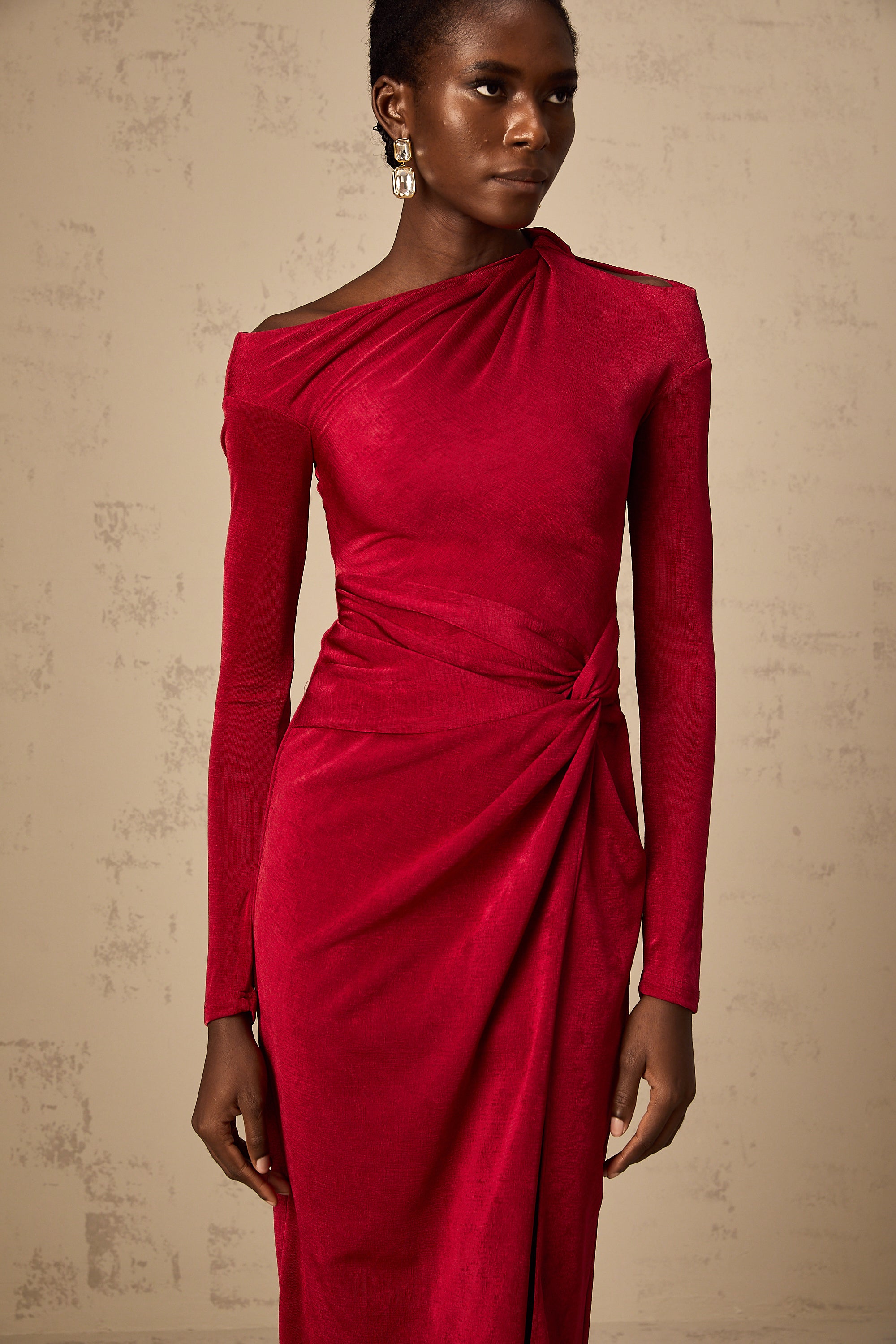 Monica red high-slit gathered midi dress