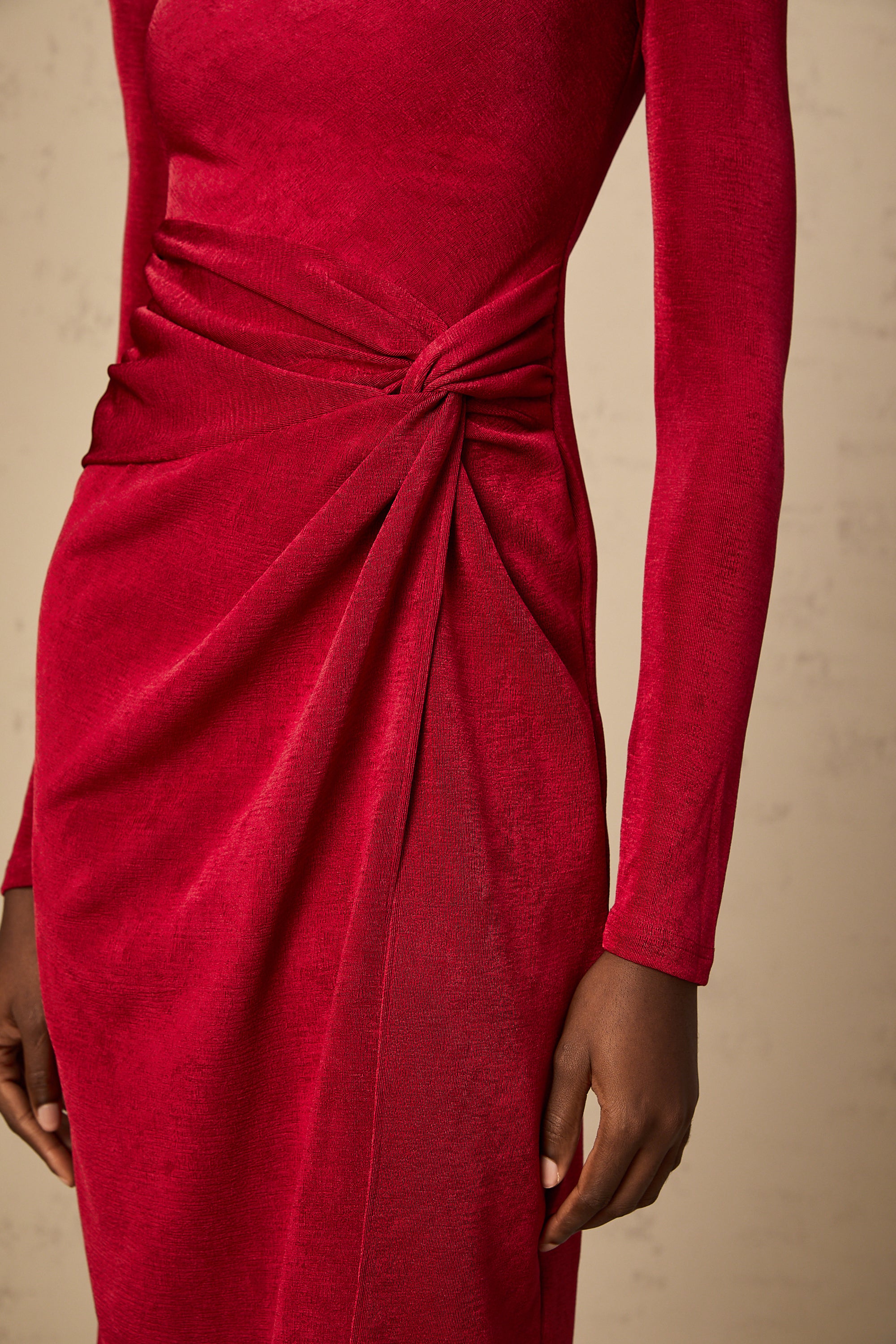 Monica red high-slit gathered midi dress