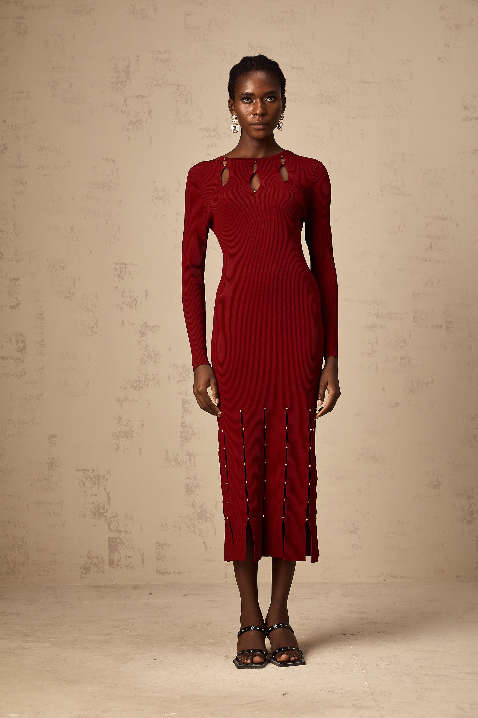 Hilaire red beaded long-sleeve cut-out knit midi dress