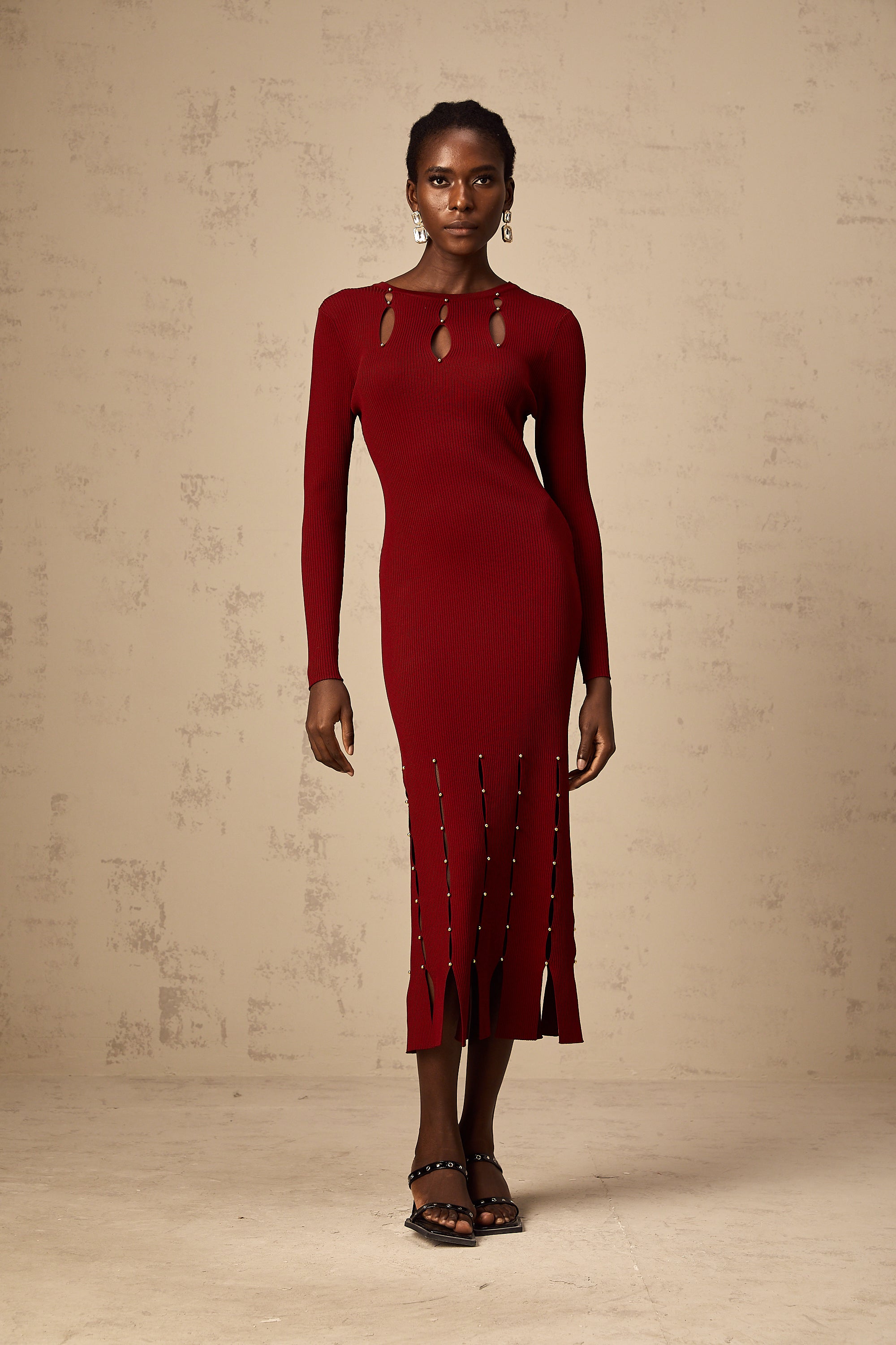 Hilaire red beaded long-sleeve cut-out knit midi dress