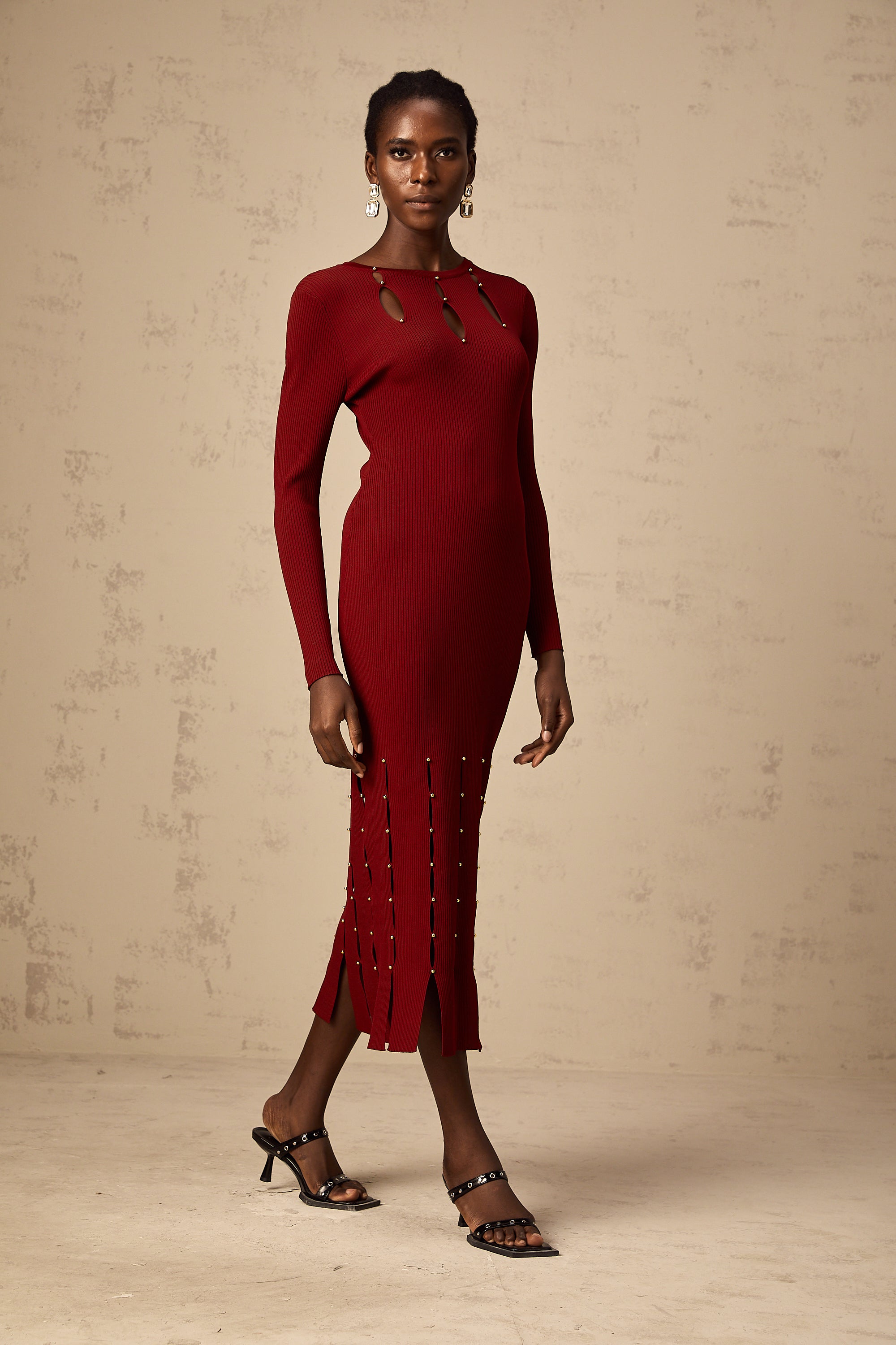 Hilaire red beaded long-sleeve cut-out knit midi dress