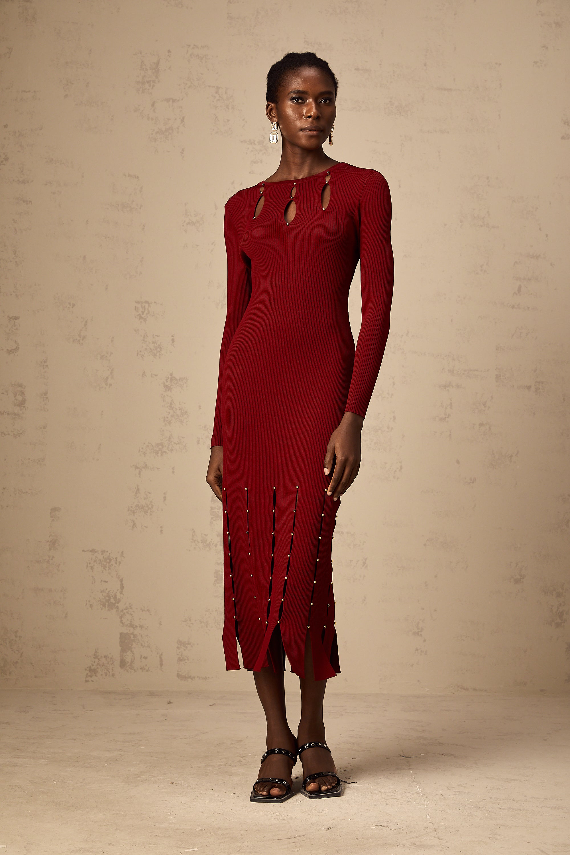 Hilaire red beaded long-sleeve cut-out knit midi dress