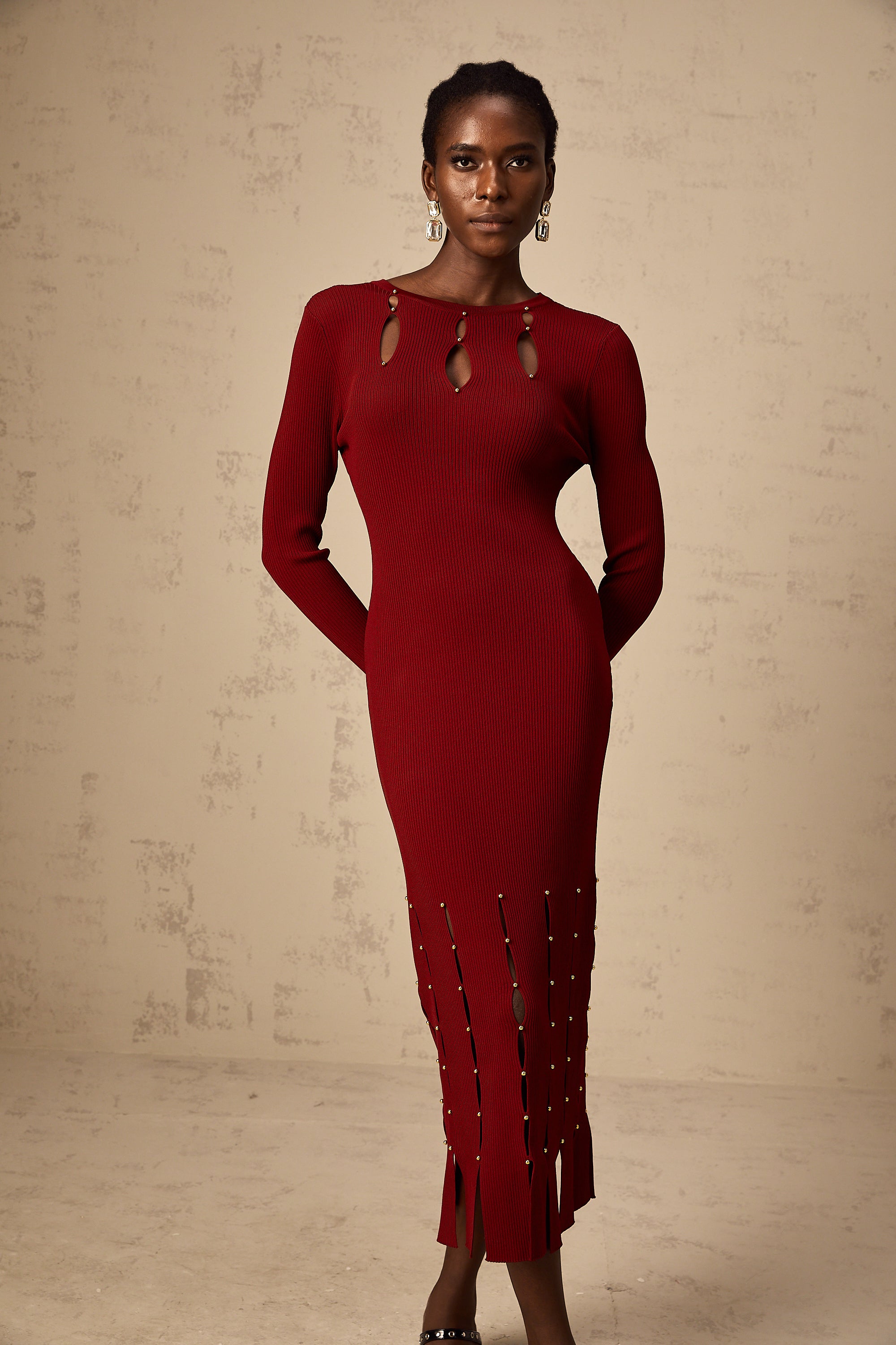 Hilaire red beaded long-sleeve cut-out knit midi dress