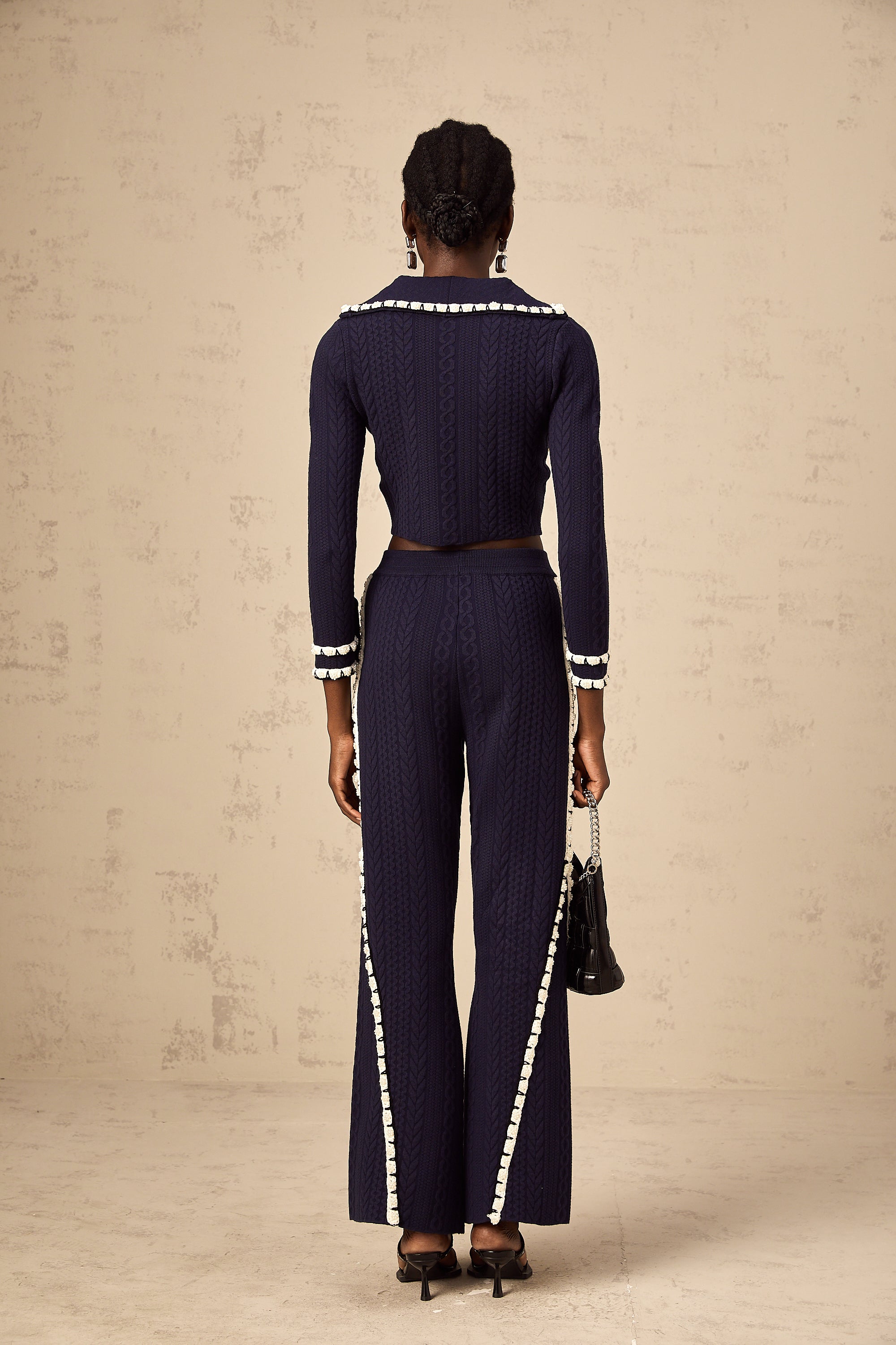 Elvira navy blue crochet-knit cardigan & trousers matching set