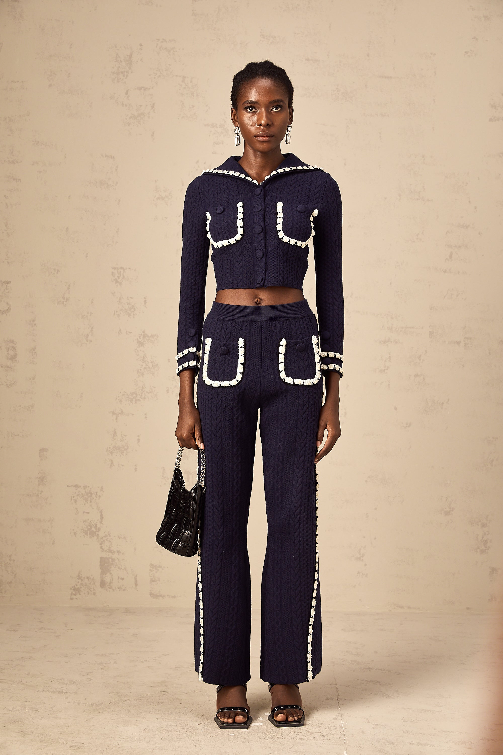 Elvira navy blue crochet-knit cardigan & trousers matching set