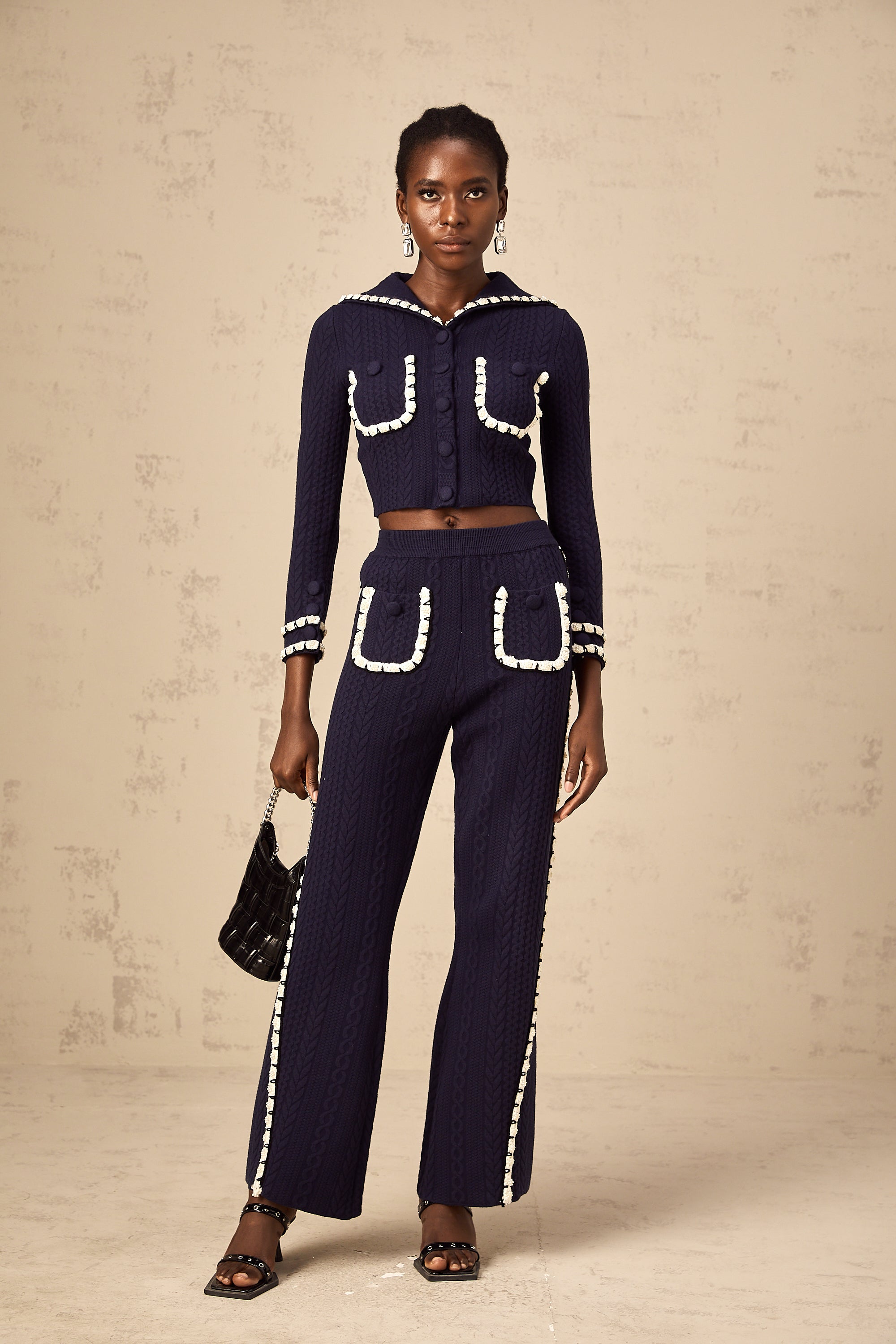 Elvira navy blue crochet-knit cardigan & trousers matching set