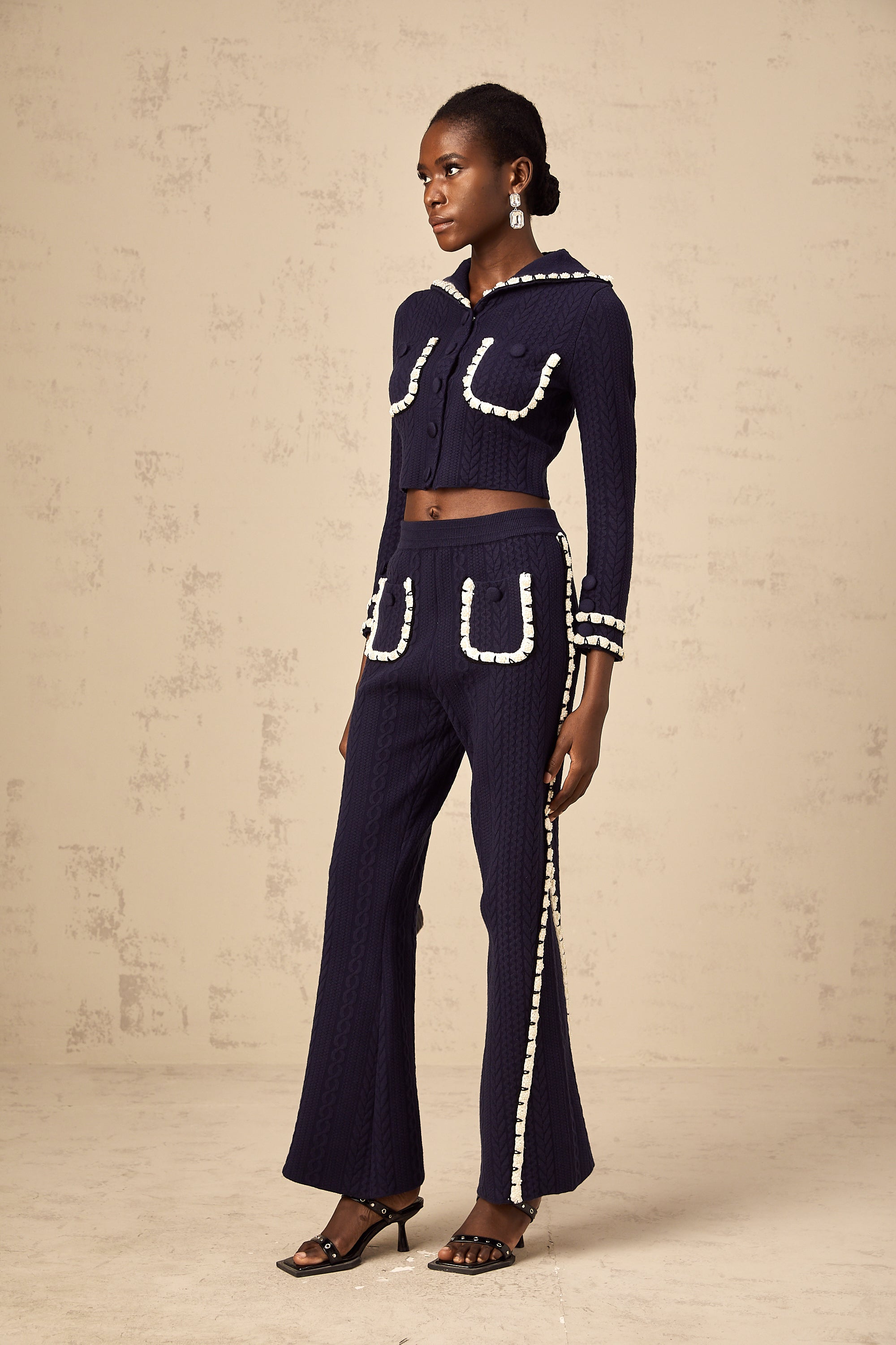 Elvira navy blue crochet-knit cardigan & trousers matching set