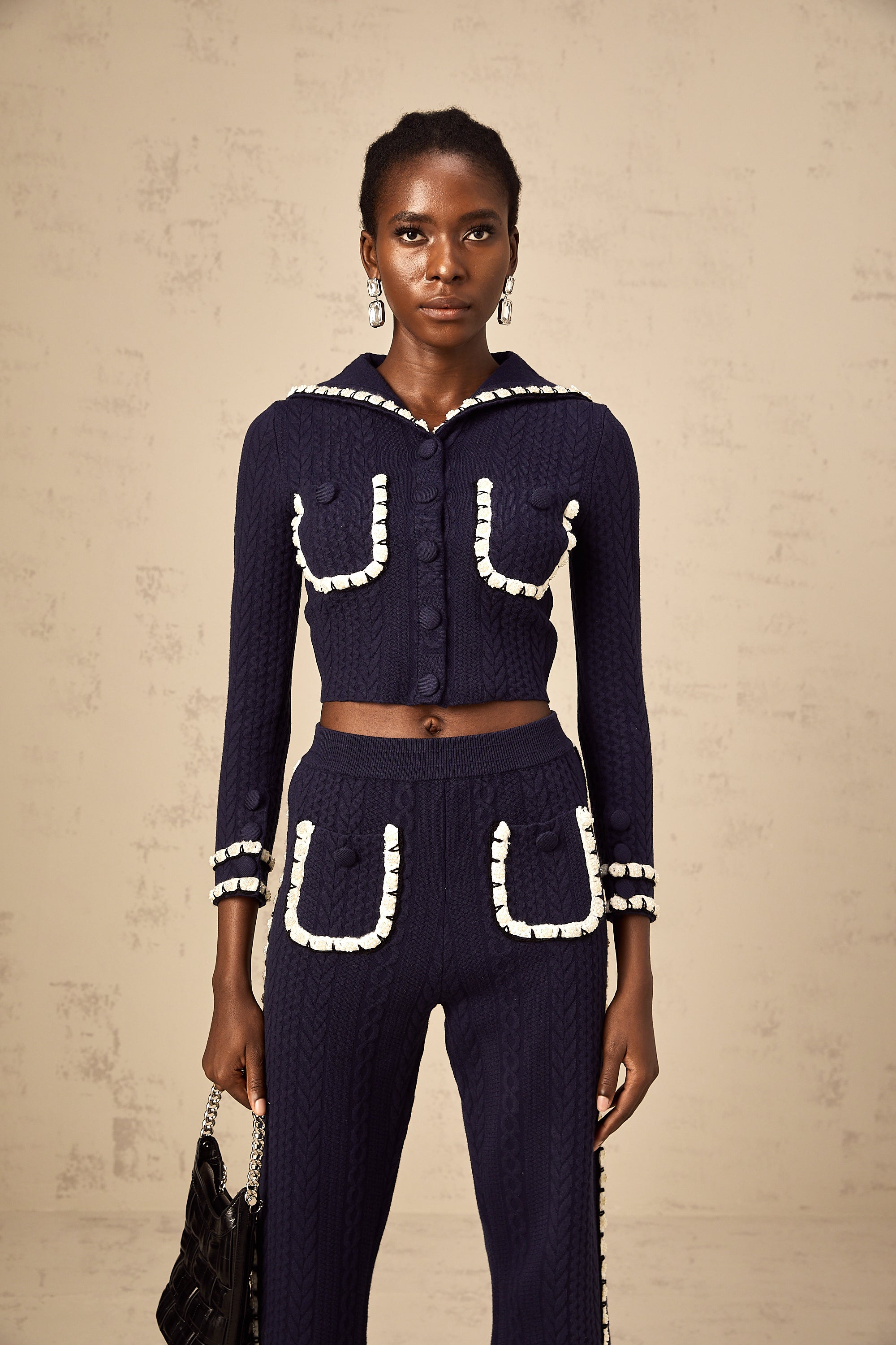 Elvira navy blue crochet-knit cardigan & trousers matching set