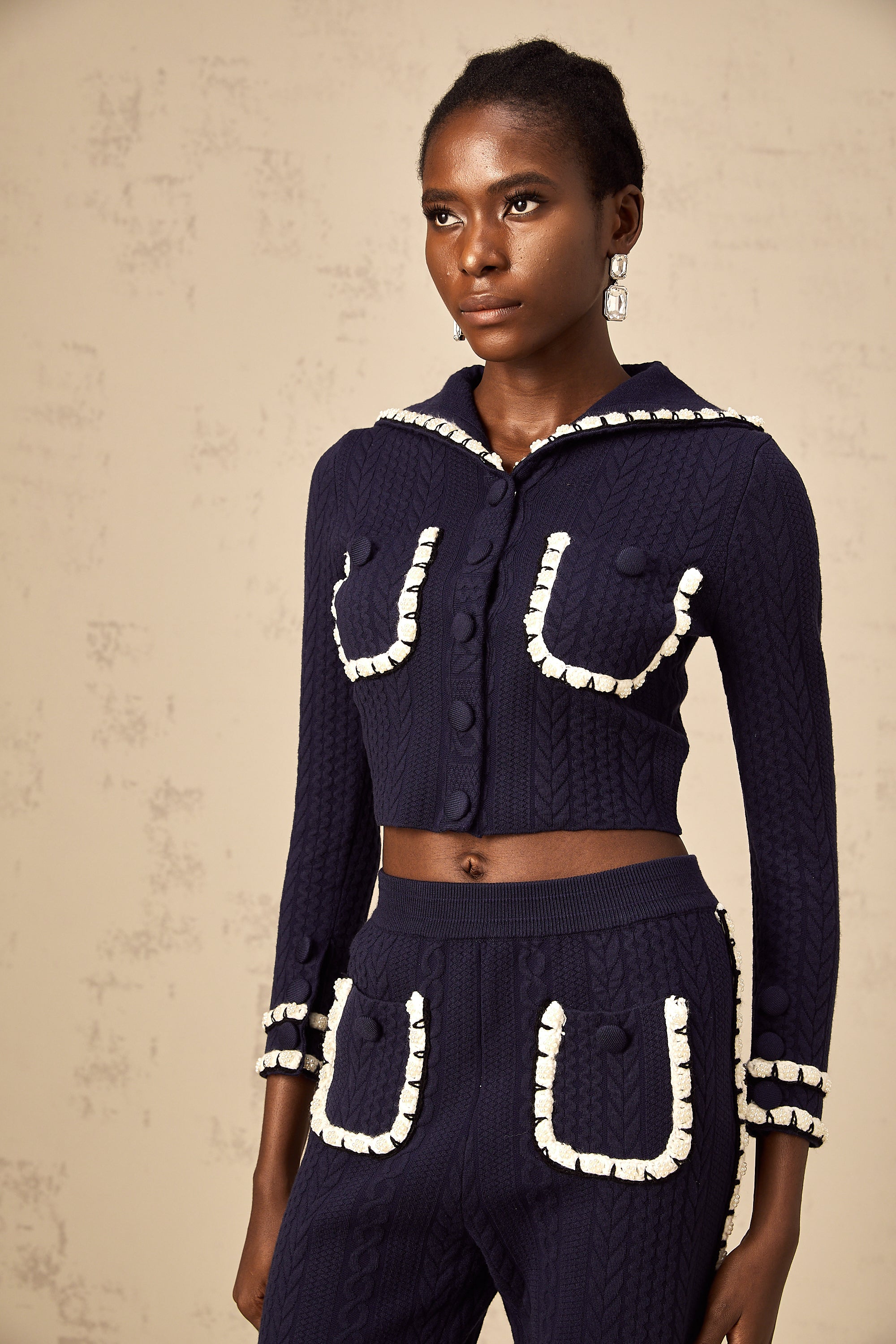 Elvira navy blue crochet-knit cardigan & trousers matching set