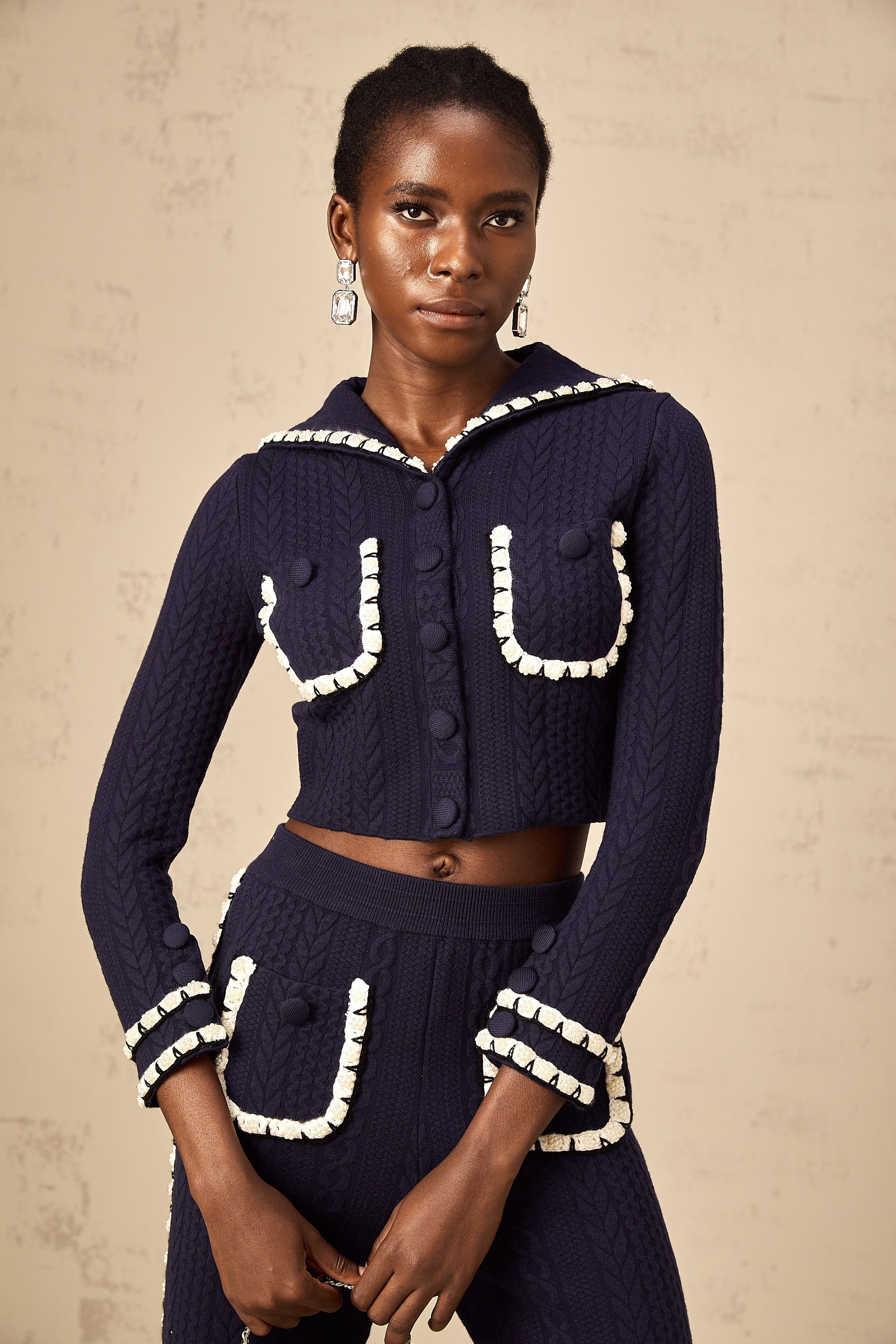 Elvira navy blue crochet-knit cardigan & trousers matching set