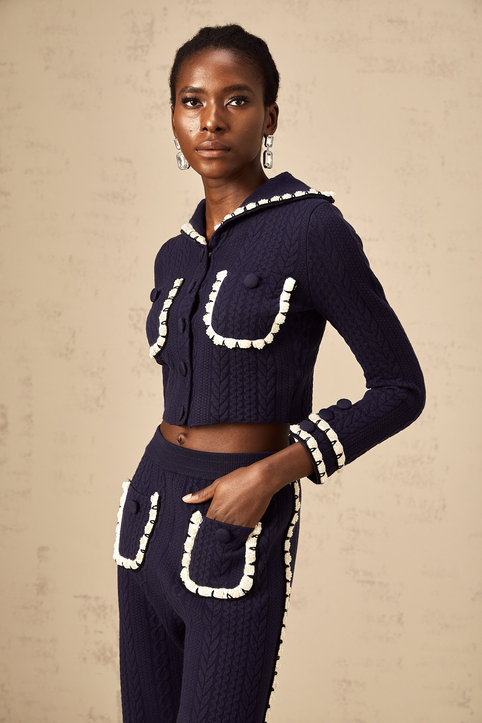 Elvira navy blue crochet-knit cardigan & trousers matching set