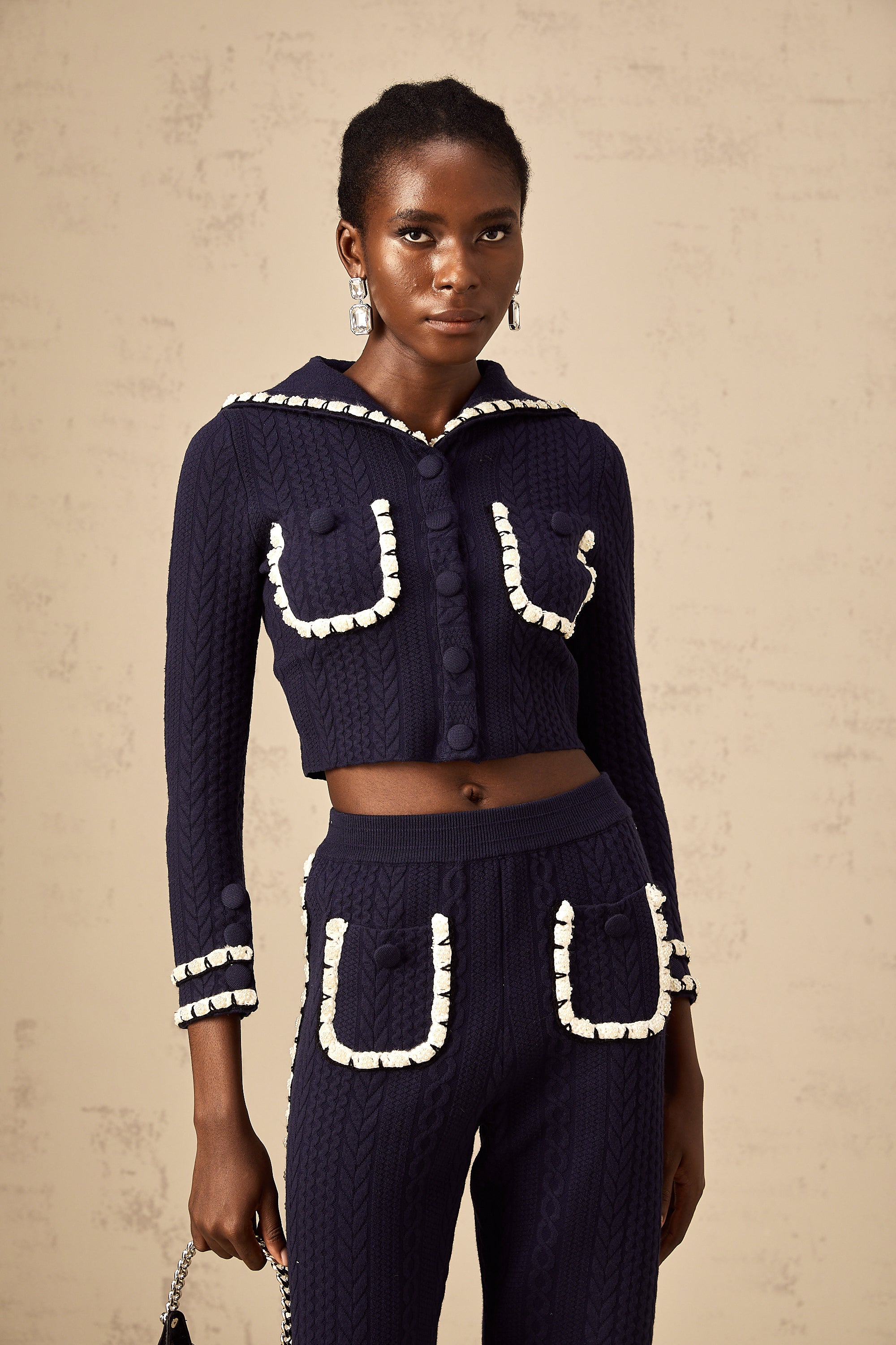 Elvira navy blue crochet-knit cardigan & trousers matching set