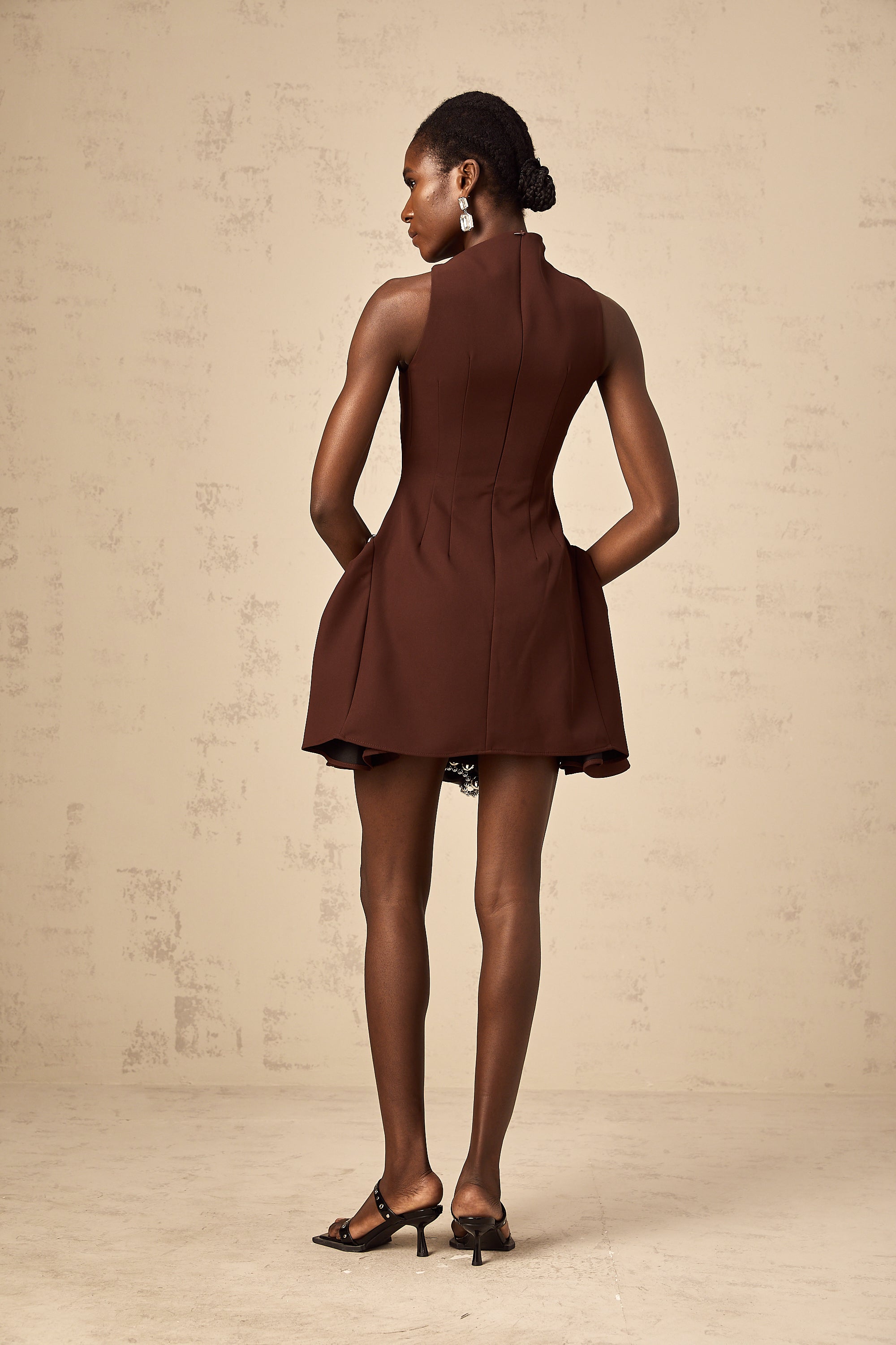 Dora brown asymmetric-neck puff mini dress