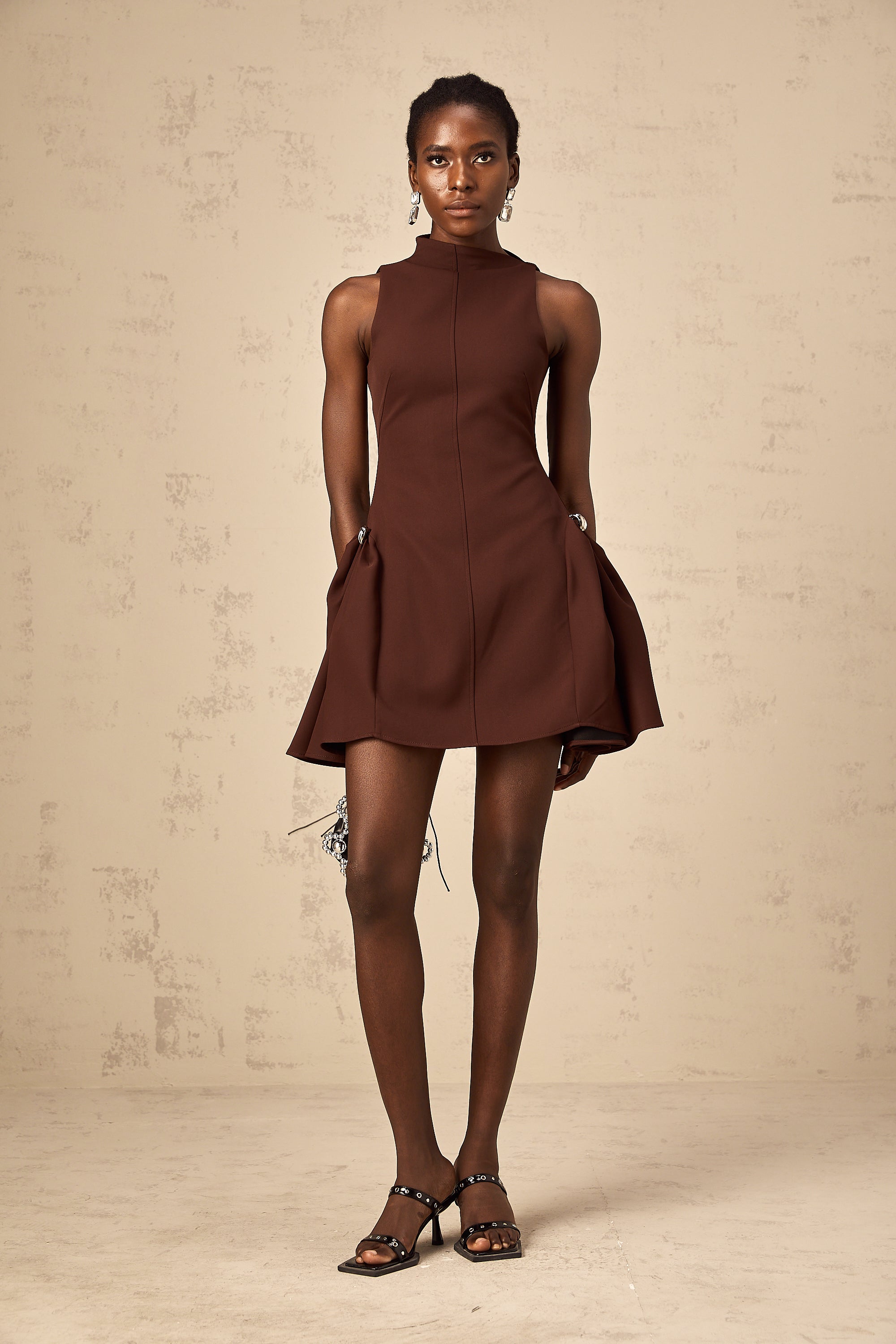 Dora brown asymmetric-neck puff mini dress