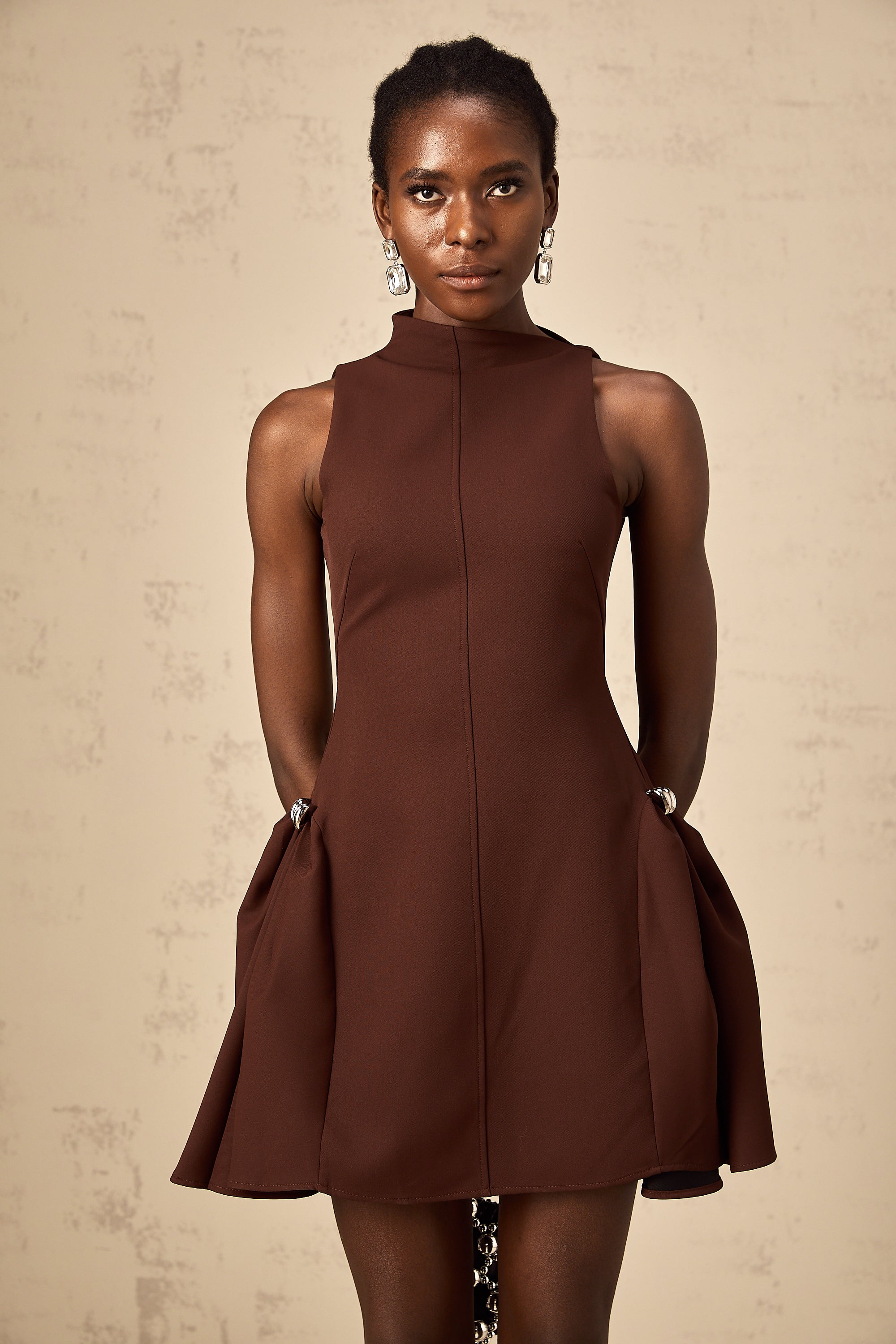 Dora brown asymmetric-neck puff mini dress