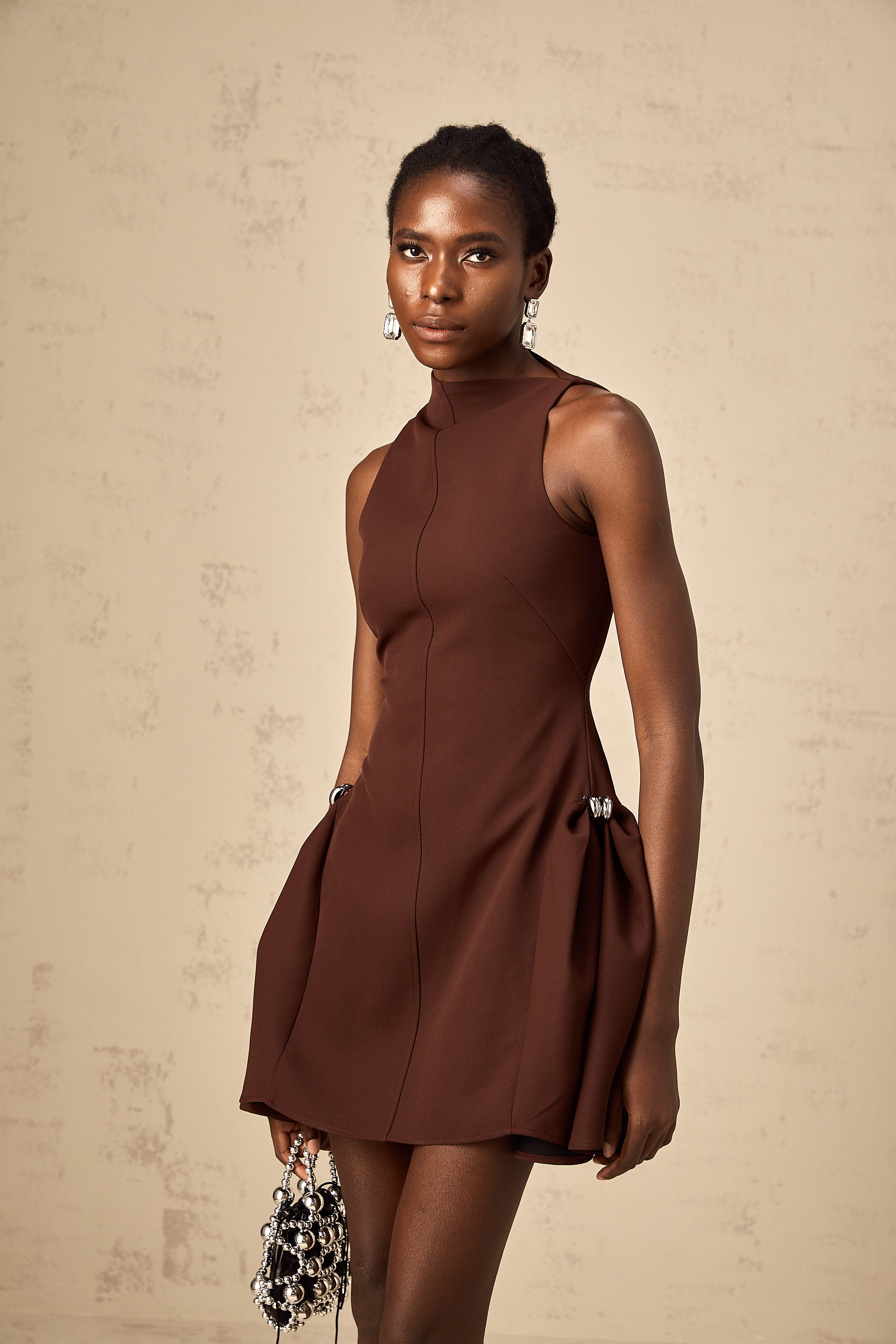 Dora brown asymmetric-neck puff mini dress