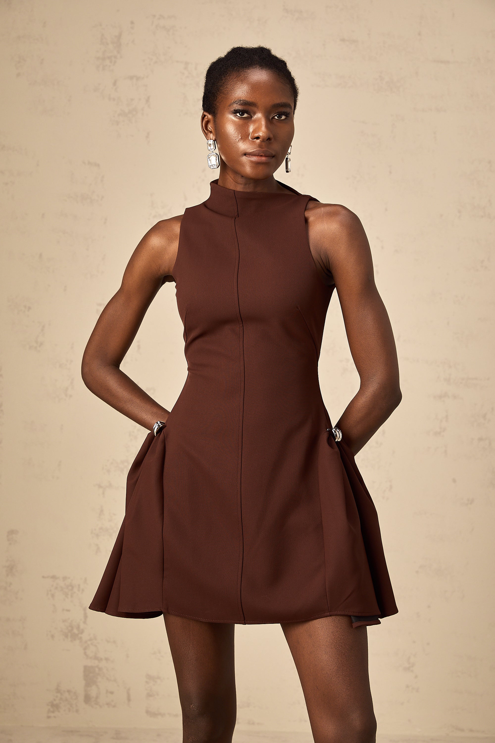 Dora brown asymmetric-neck puff mini dress