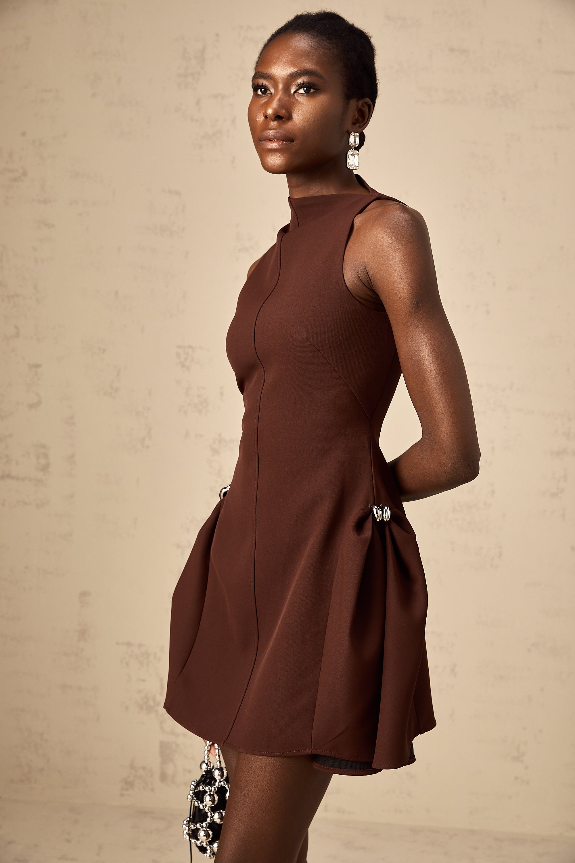 Dora brown asymmetric-neck puff mini dress