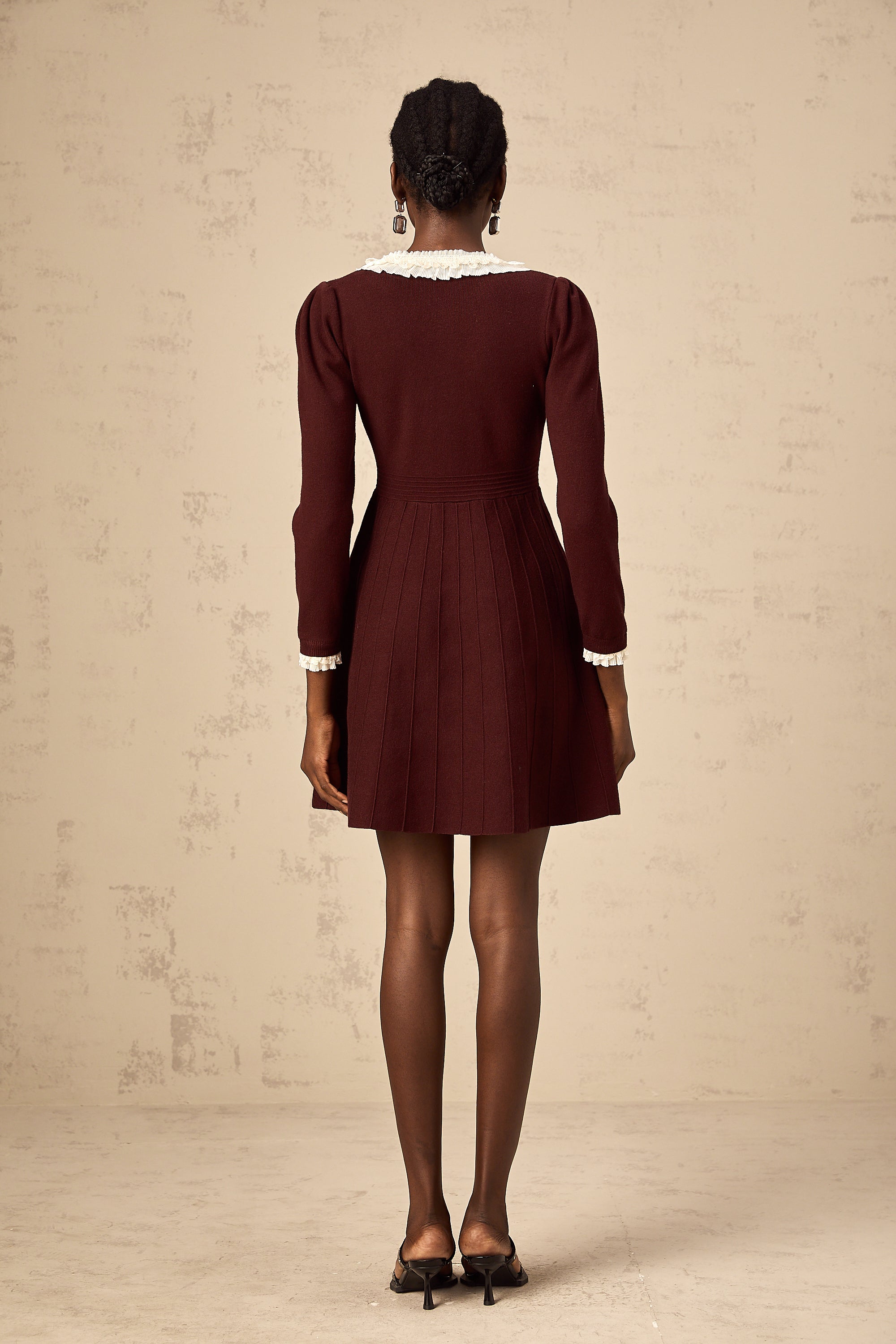 Nova wine-red bowknot ruffle-trim knit mini dress