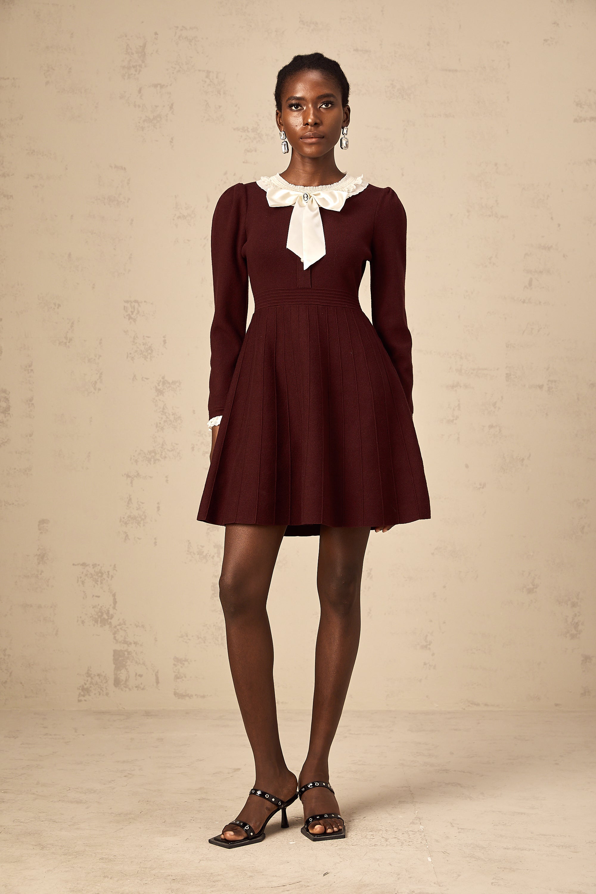 Nova wine-red bowknot ruffle-trim knit mini dress