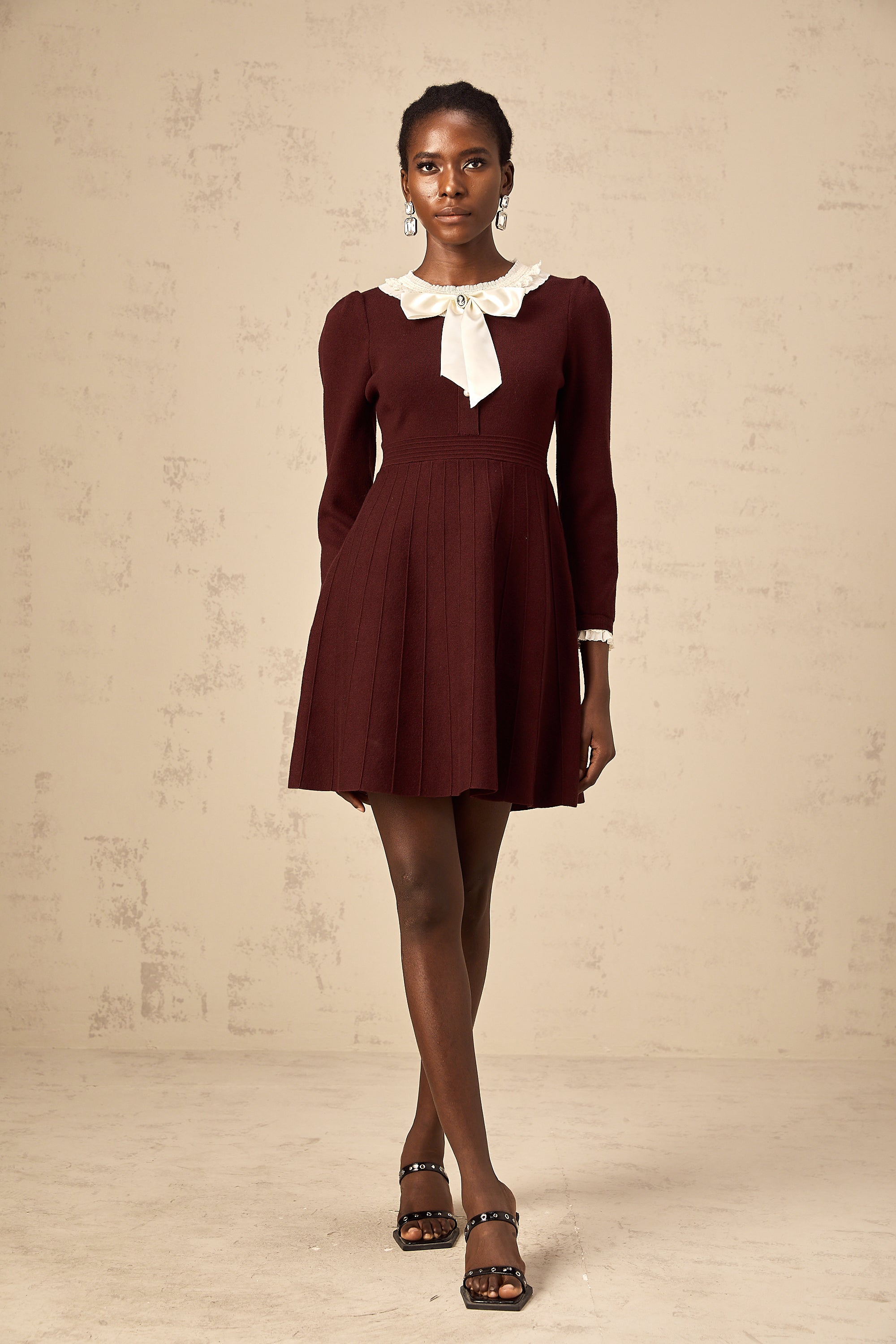 Nova wine-red bowknot ruffle-trim knit mini dress