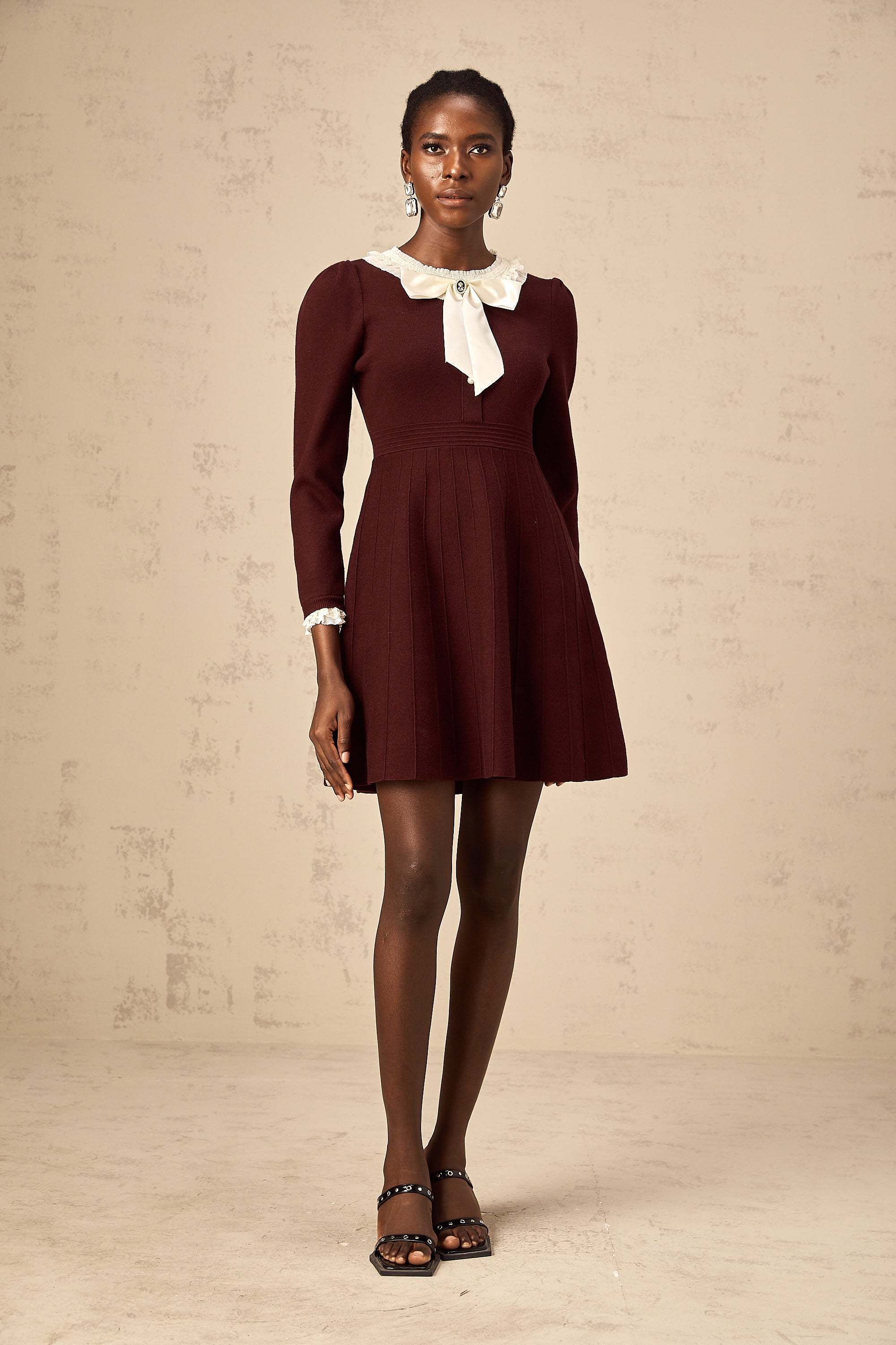 Nova wine-red bowknot ruffle-trim knit mini dress