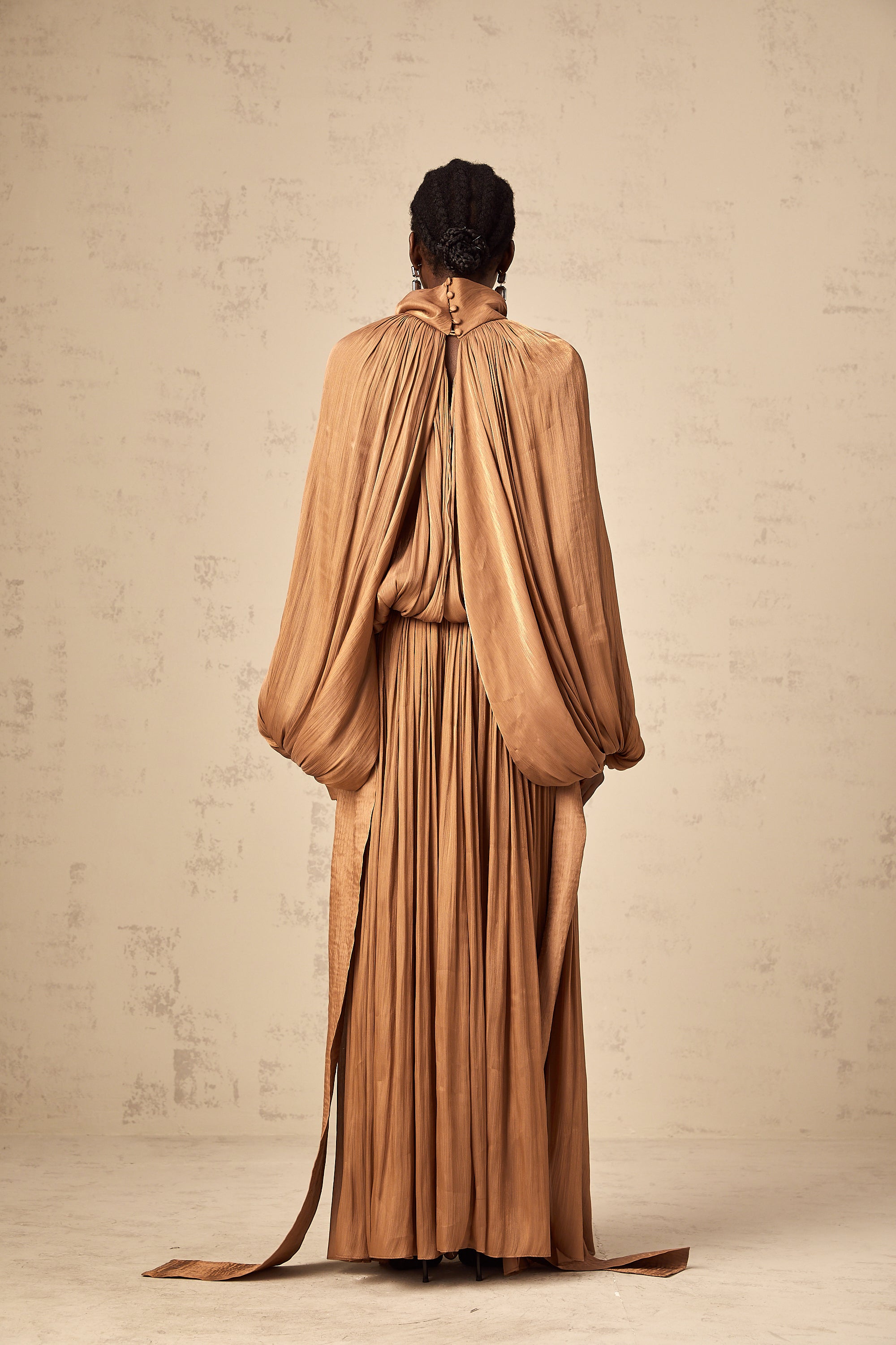 Mila pleated satin maxi dress in Brown