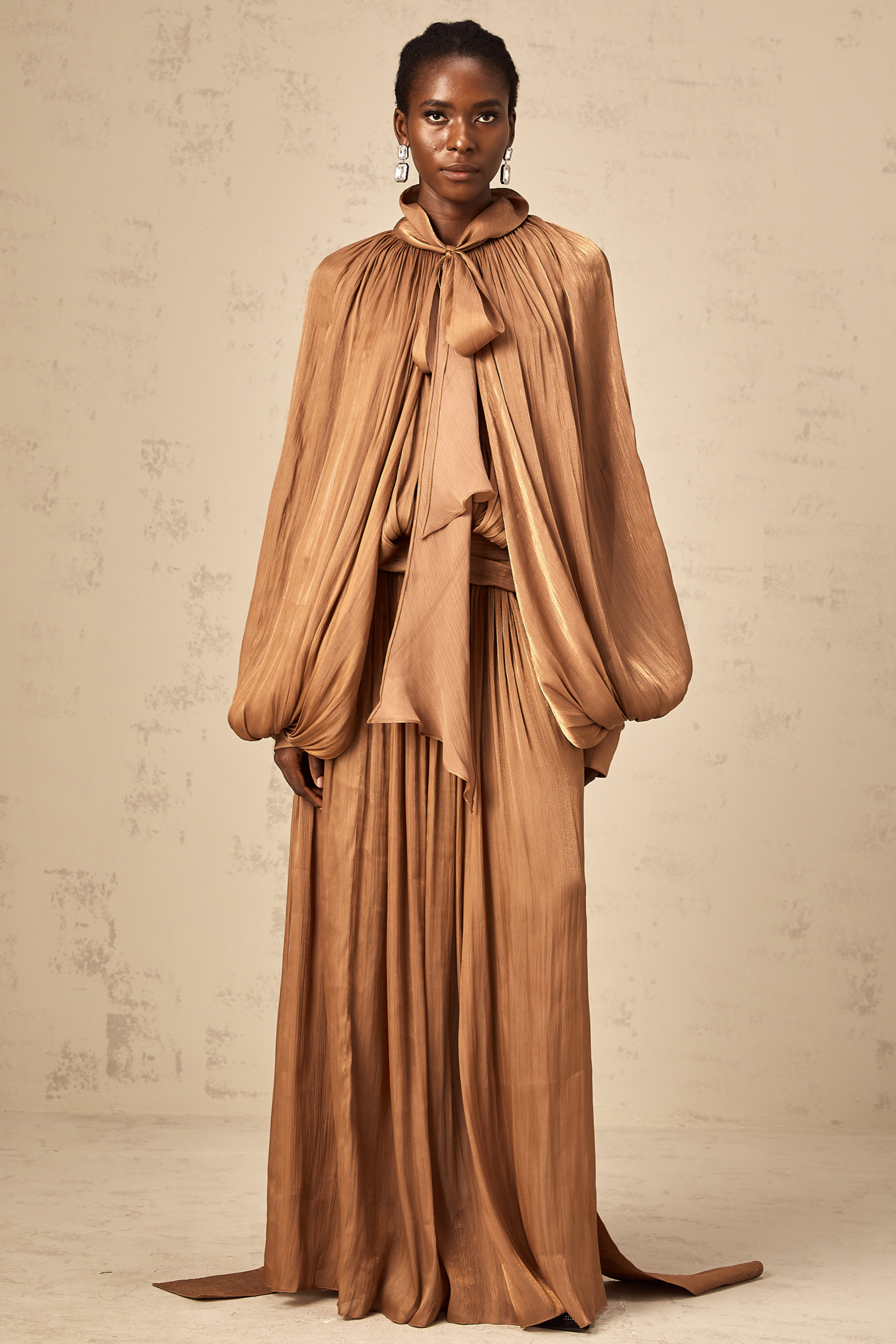 Mila pleated satin maxi dress in Brown