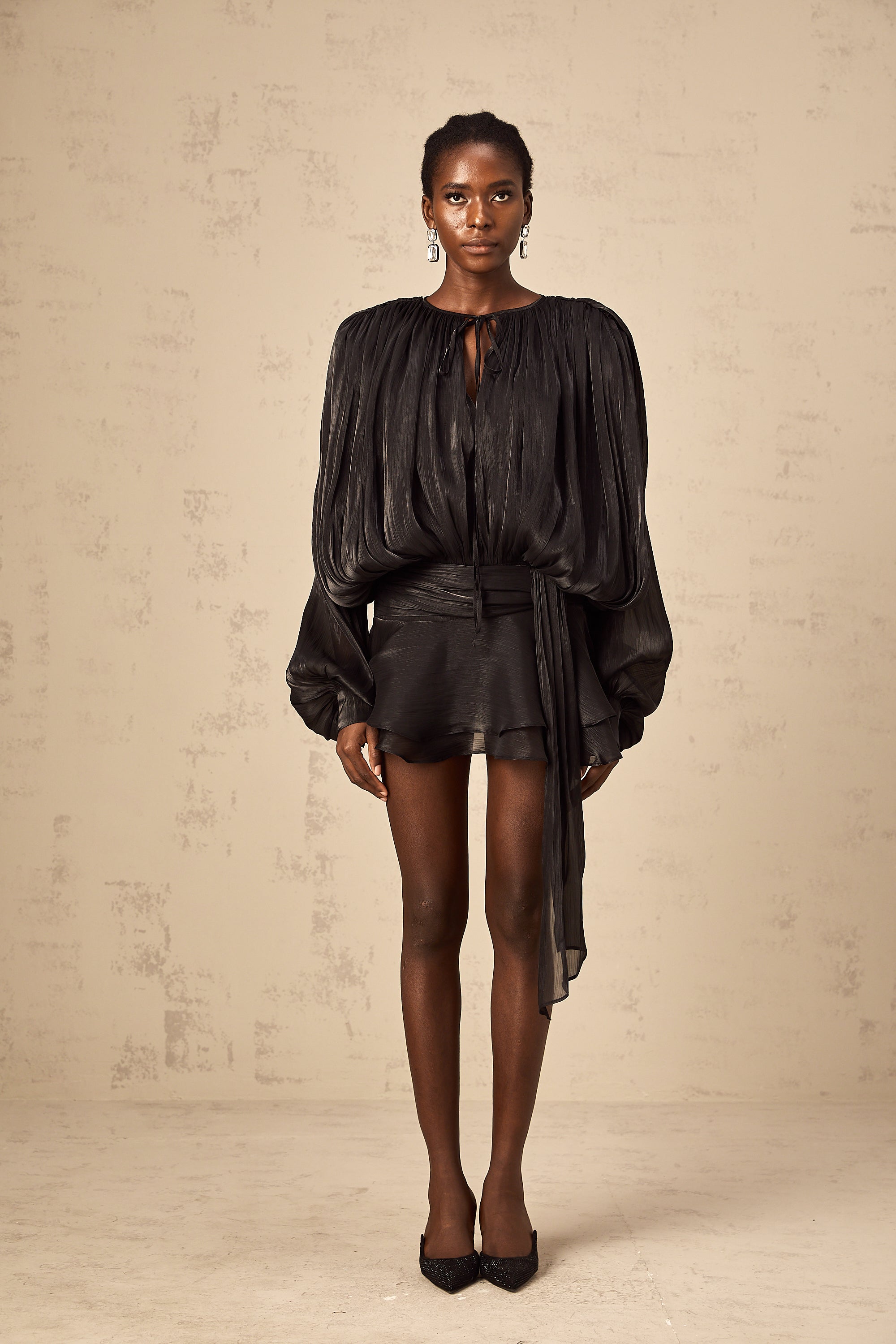 Eugénie fully-pleated ruffled mini dress in Black