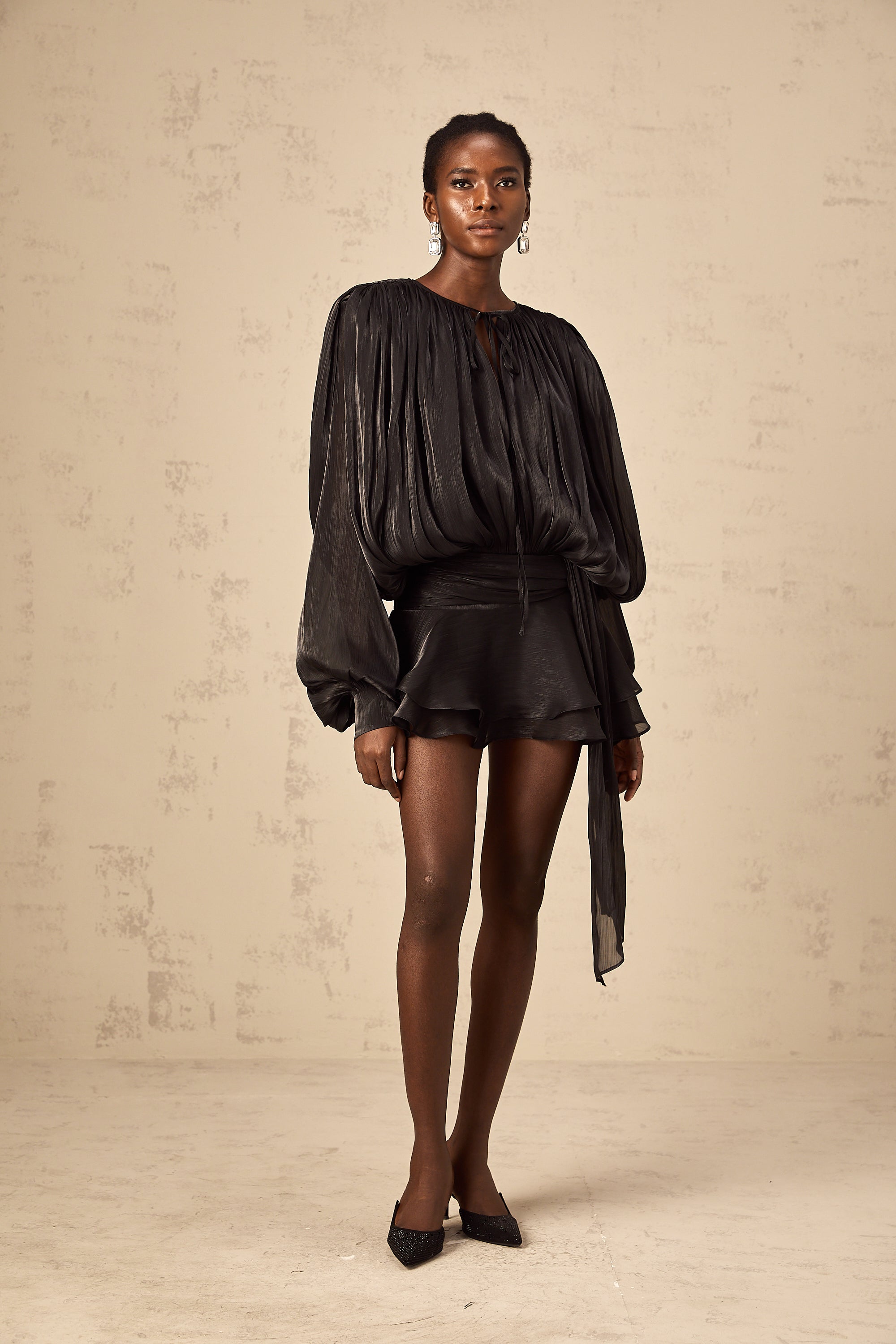 Eugénie fully-pleated ruffled mini dress in Black