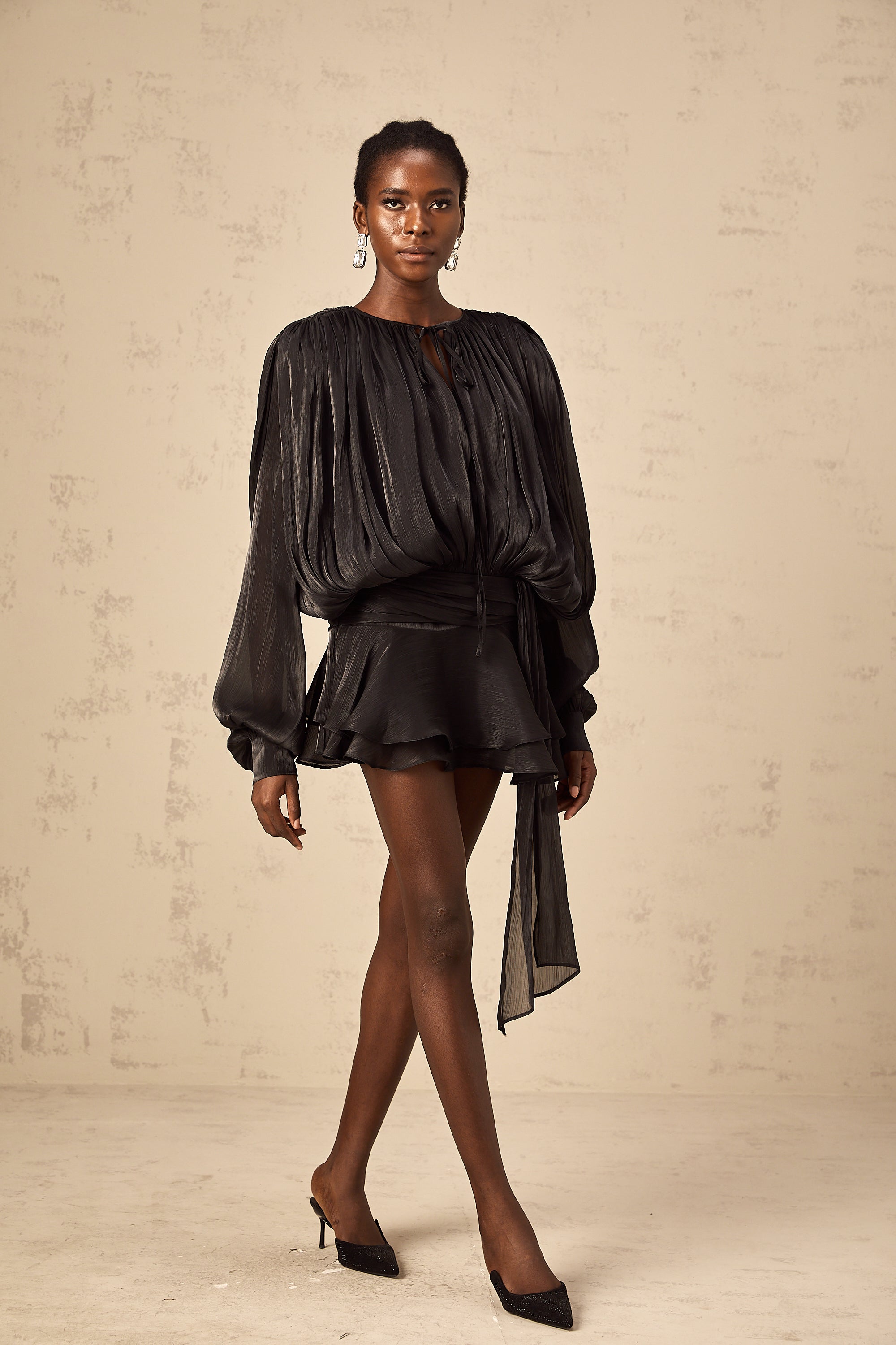 Eugénie fully-pleated ruffled mini dress in Black