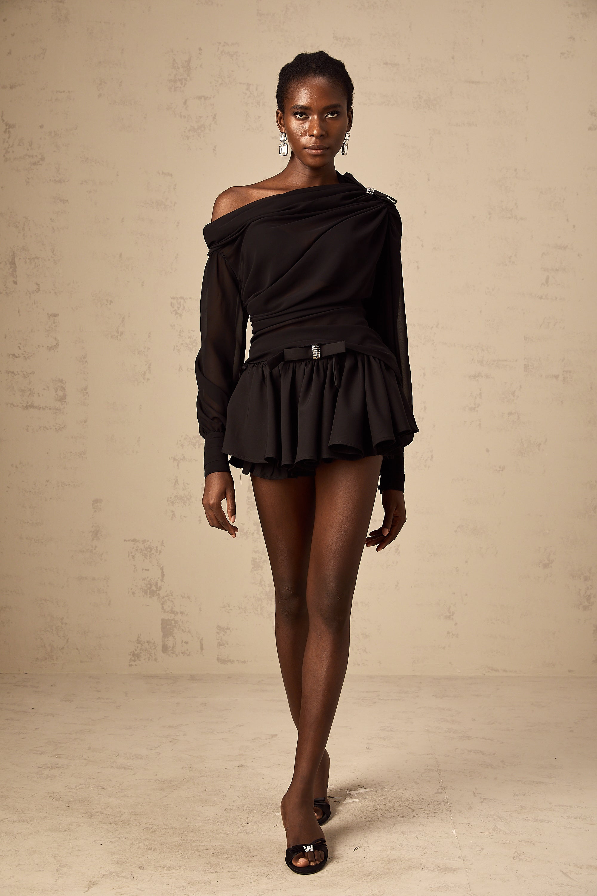 Andrea black asymmetric tulle blouse & skirt matching set