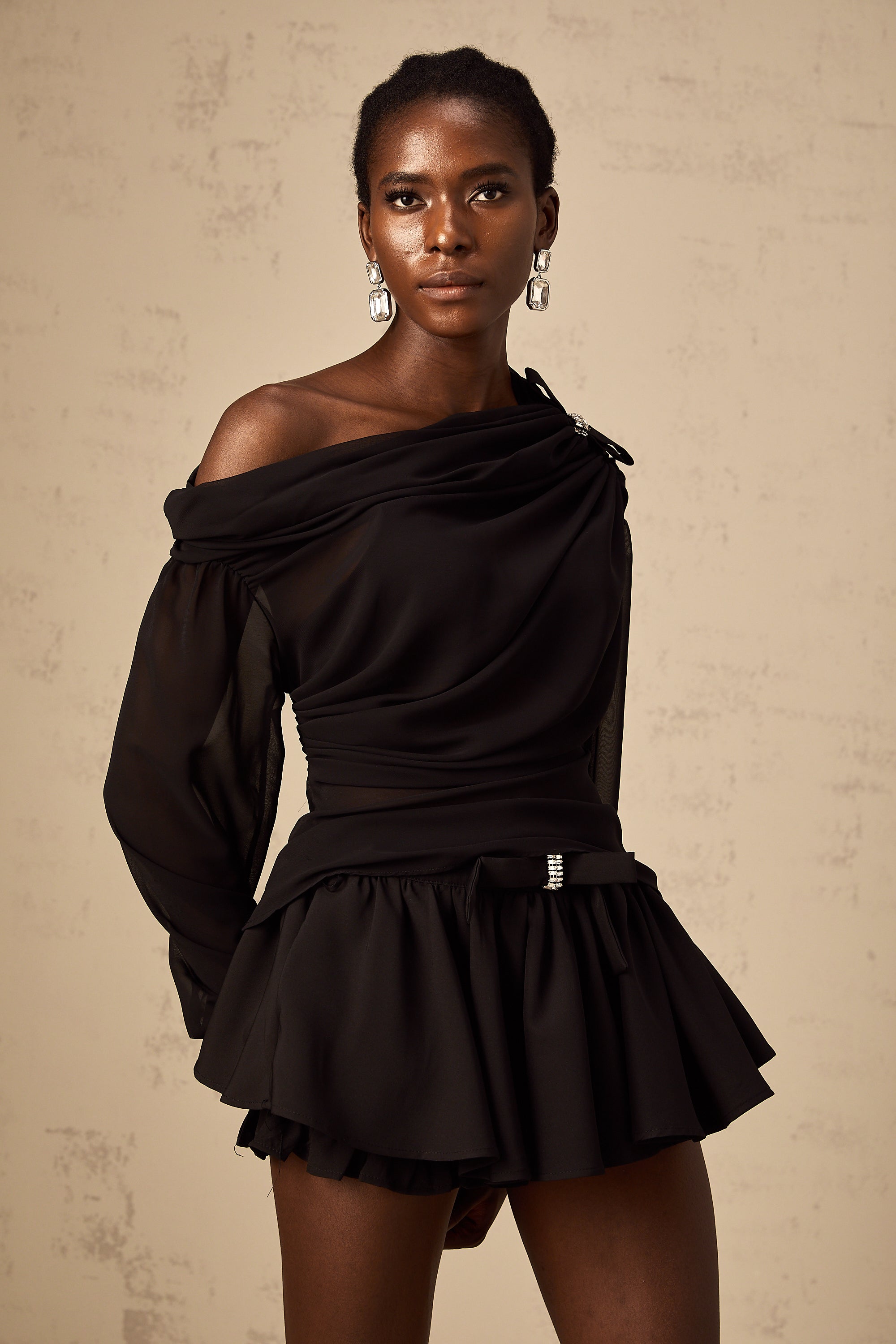 Andrea black asymmetric tulle blouse & skirt matching set