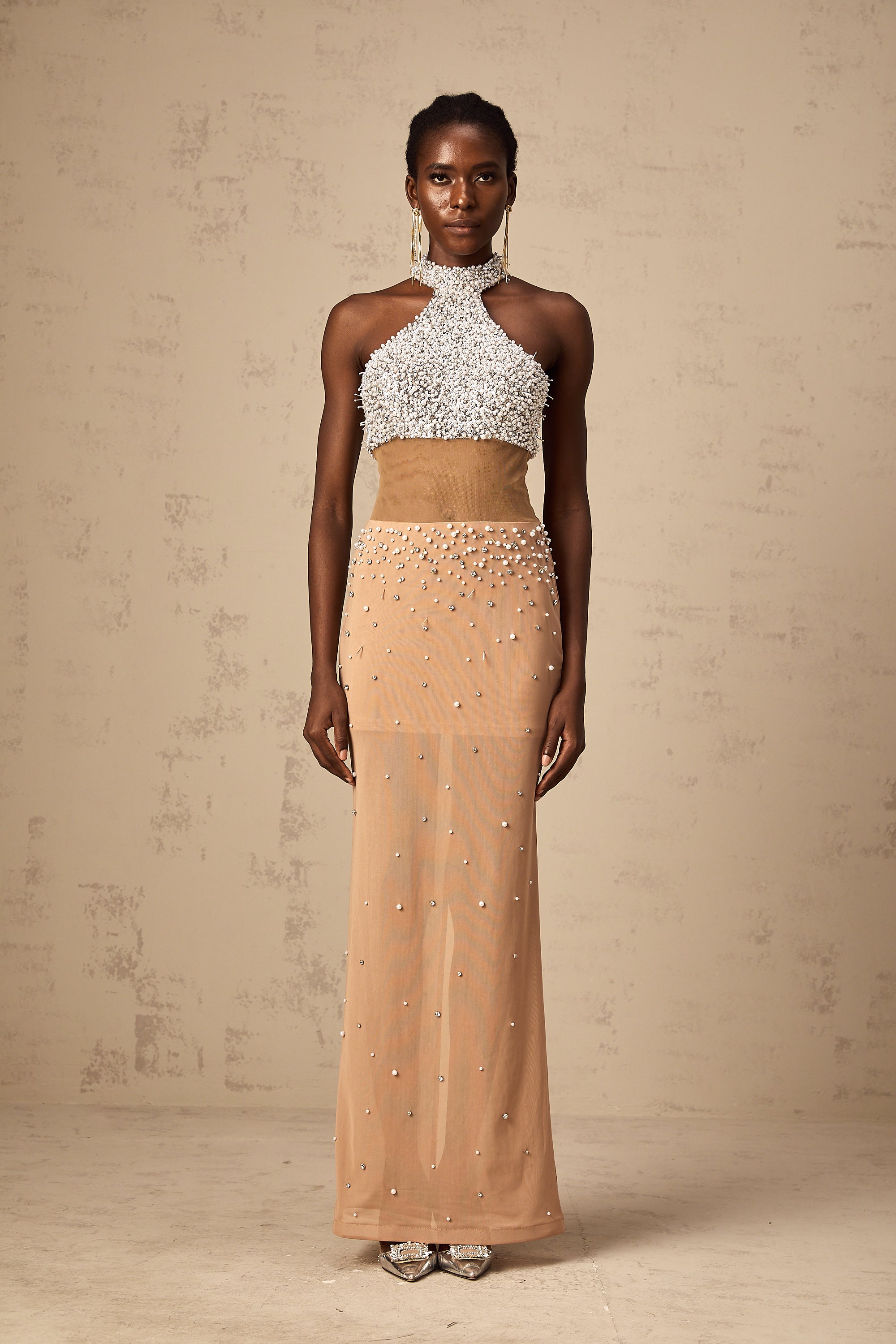 Rosa faux-pearl embellished semi-sheer maxi dress