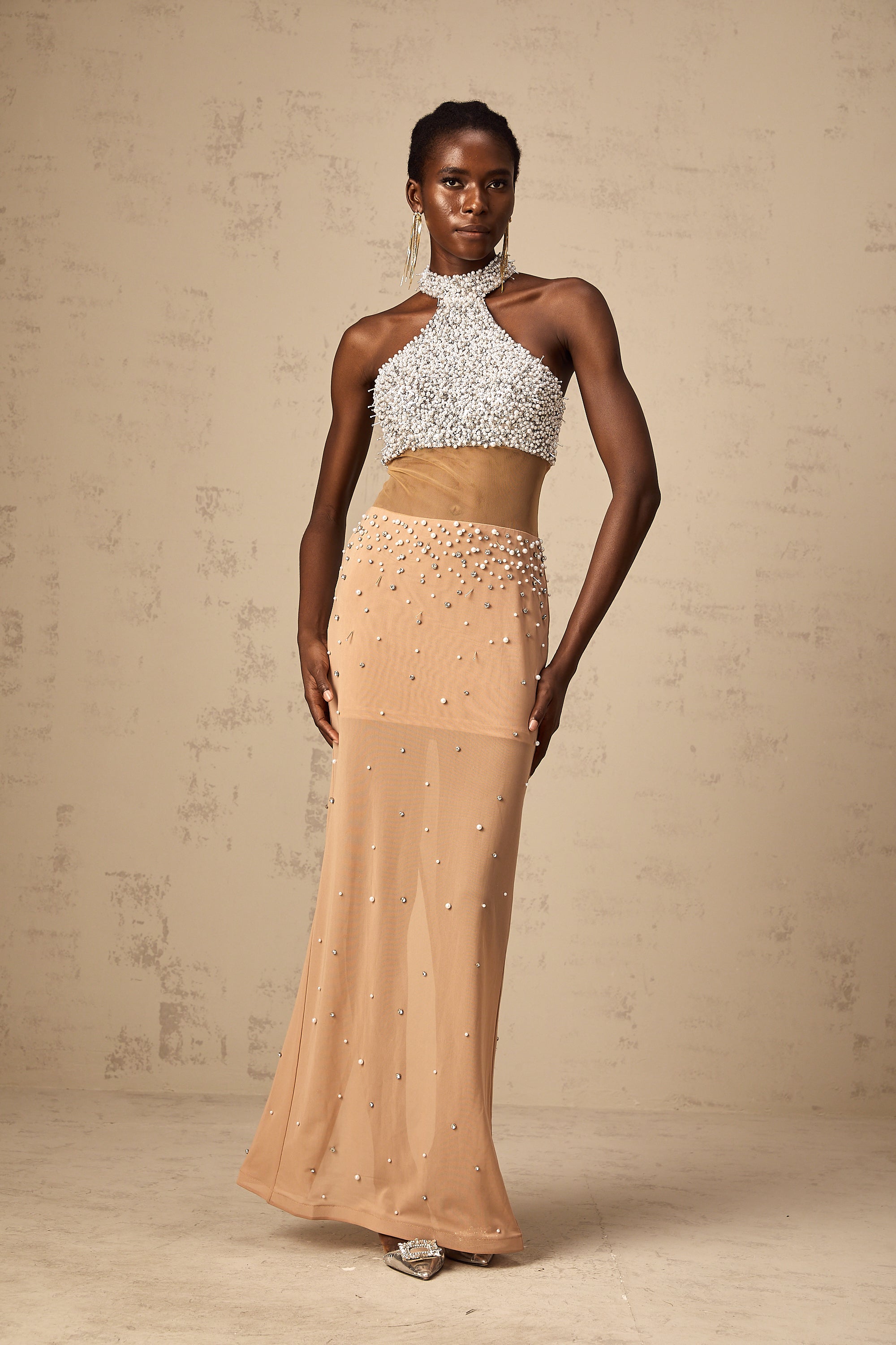 Rosa faux-pearl embellished semi-sheer maxi dress