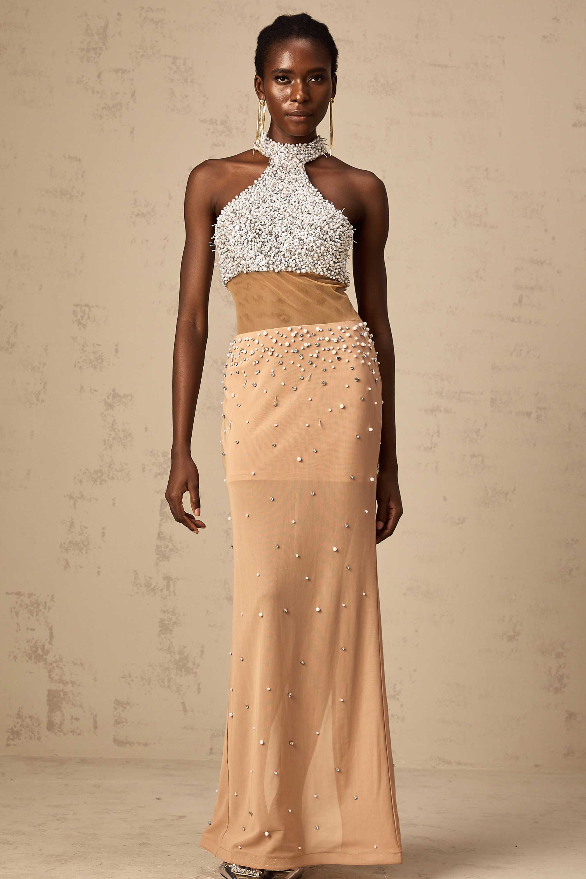 Rosa faux-pearl embellished semi-sheer maxi dress