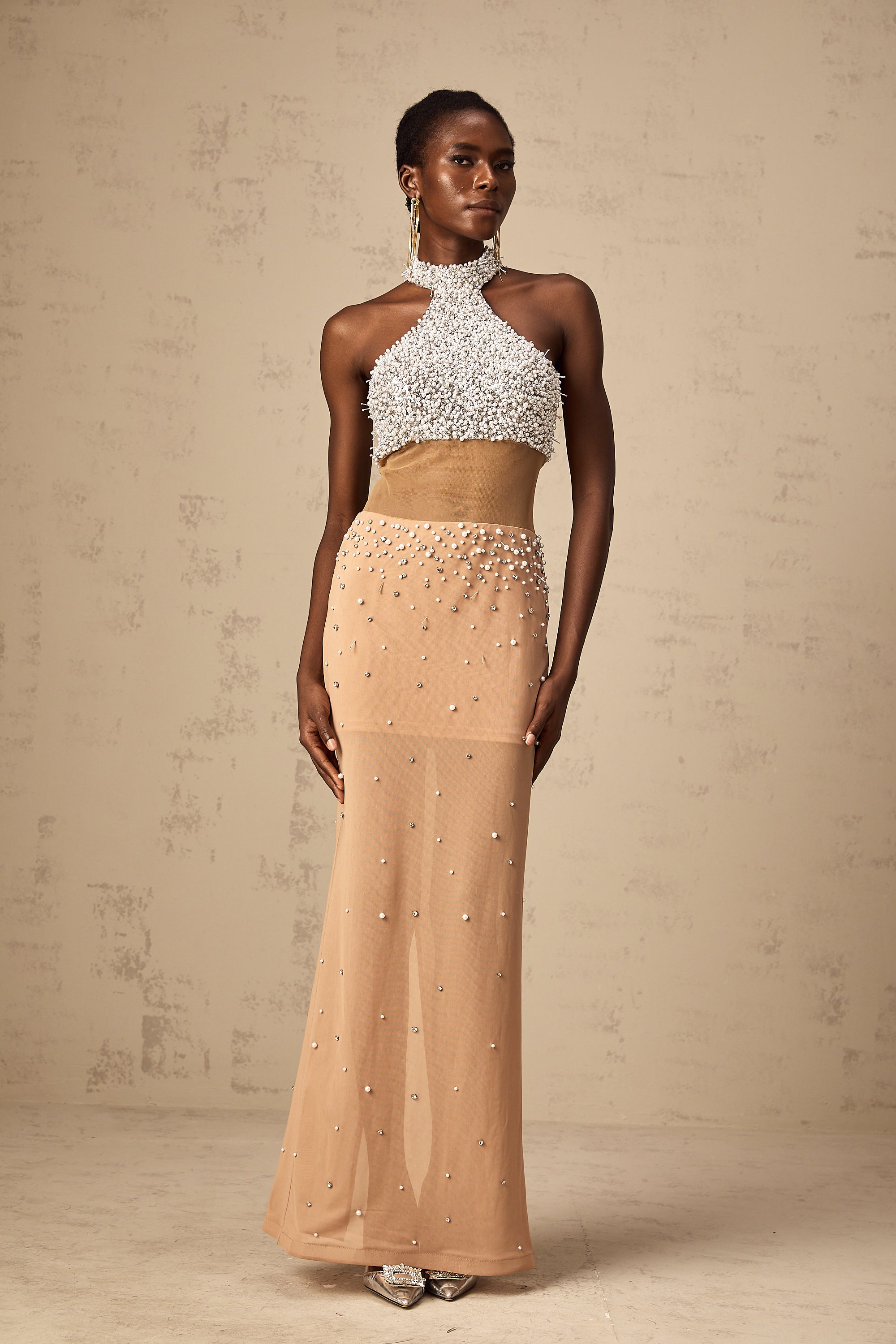 Rosa faux-pearl embellished semi-sheer maxi dress