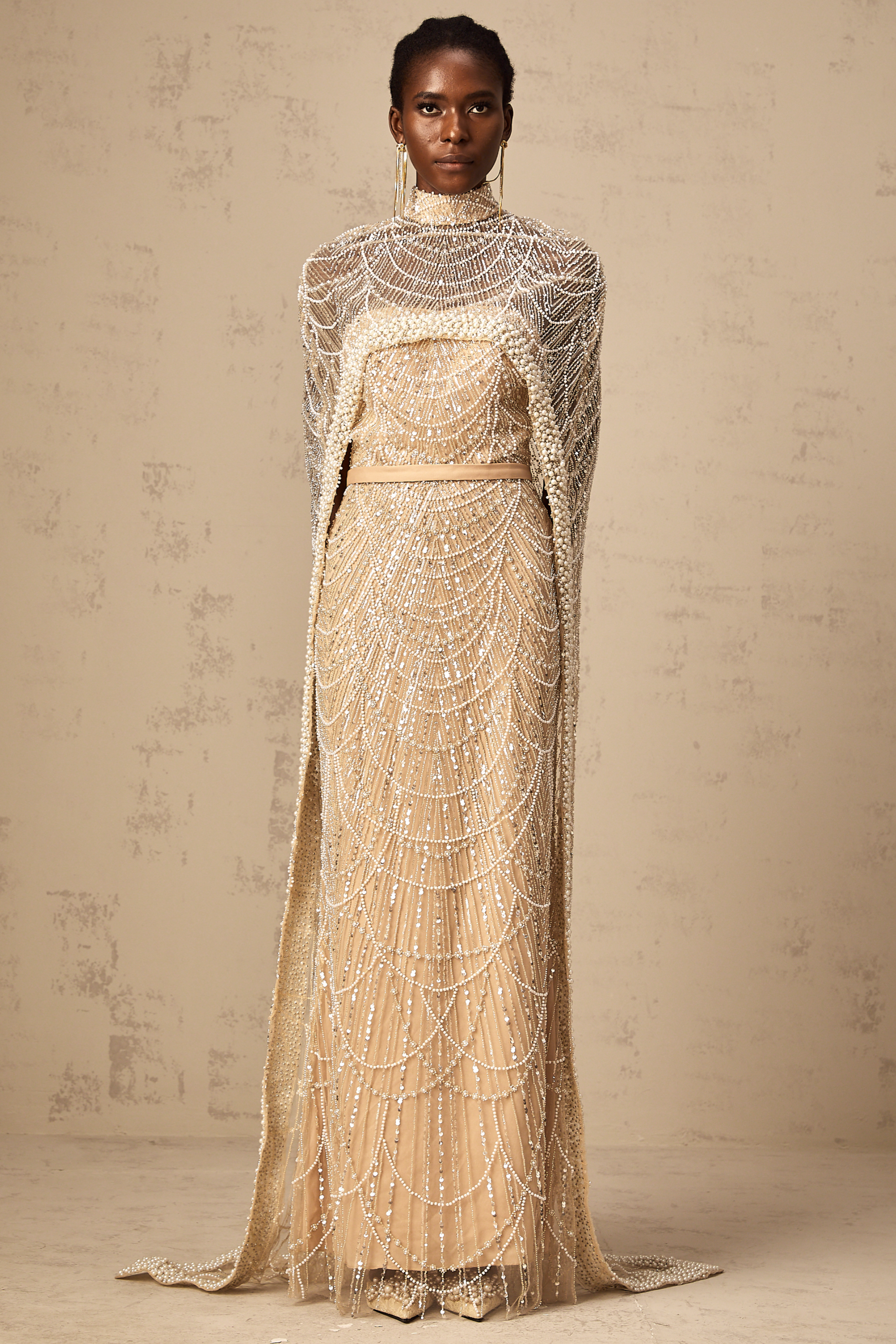 Frederica champagne beaded cape & gown matching set