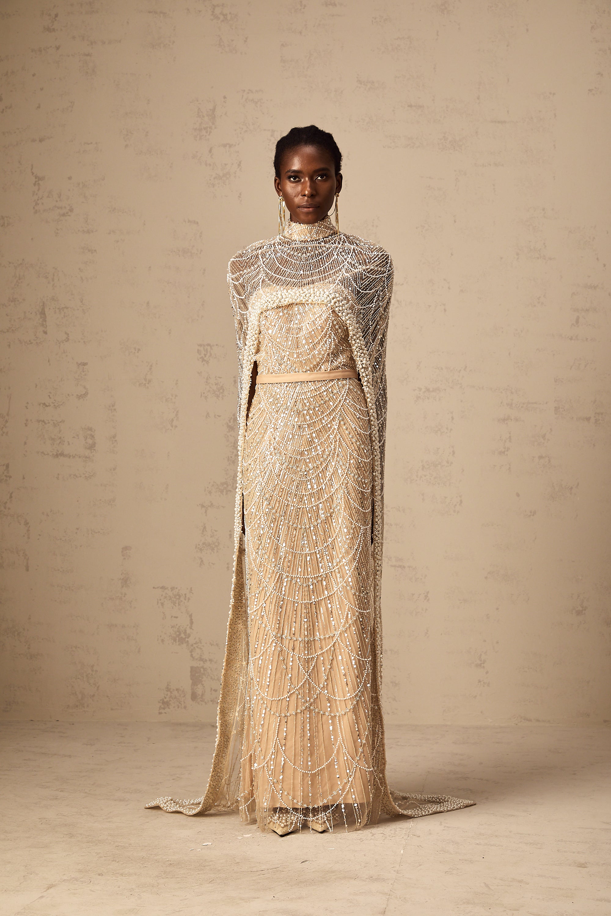 Frederica champagne beaded cape & gown matching set