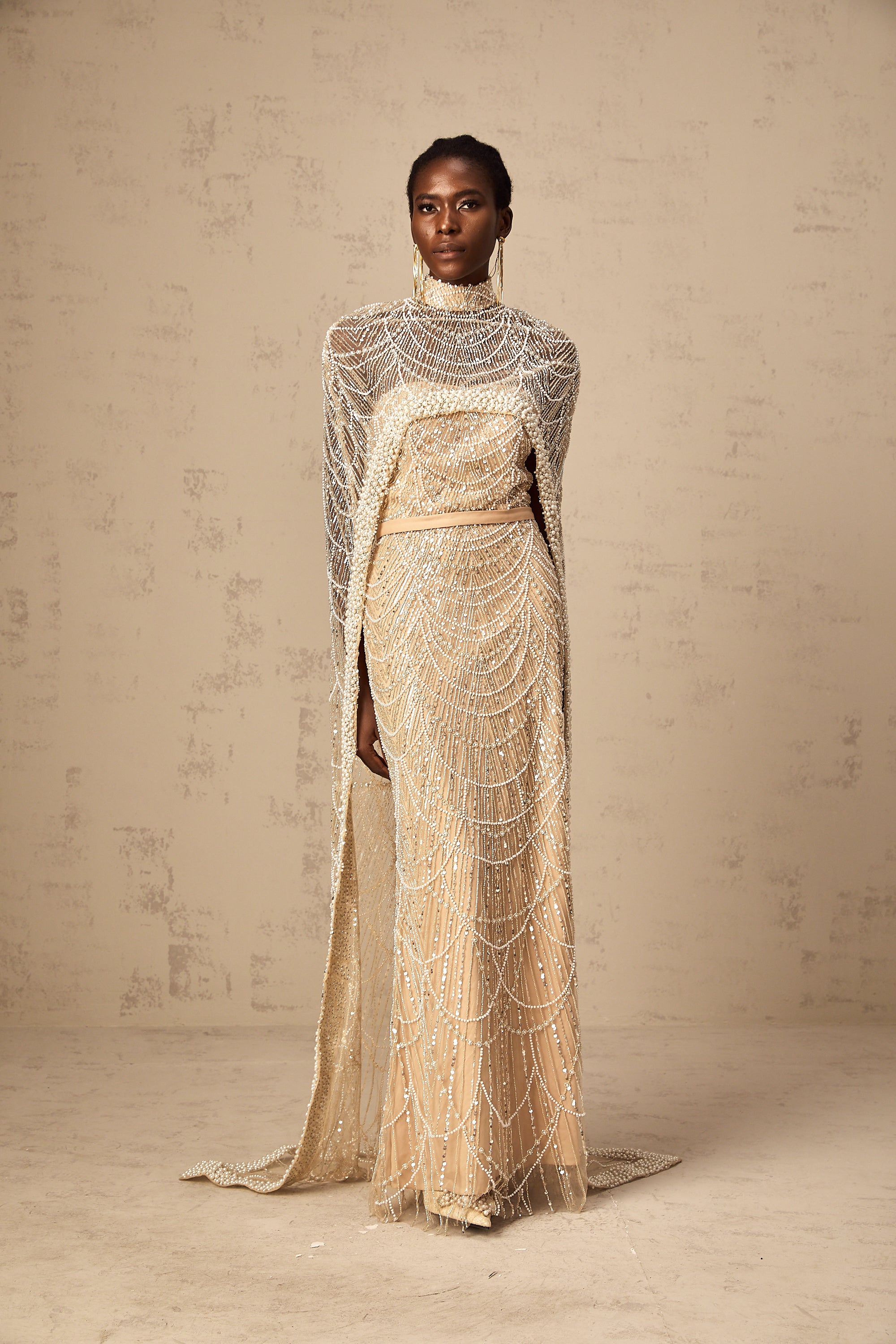 Frederica champagne beaded cape & gown matching set