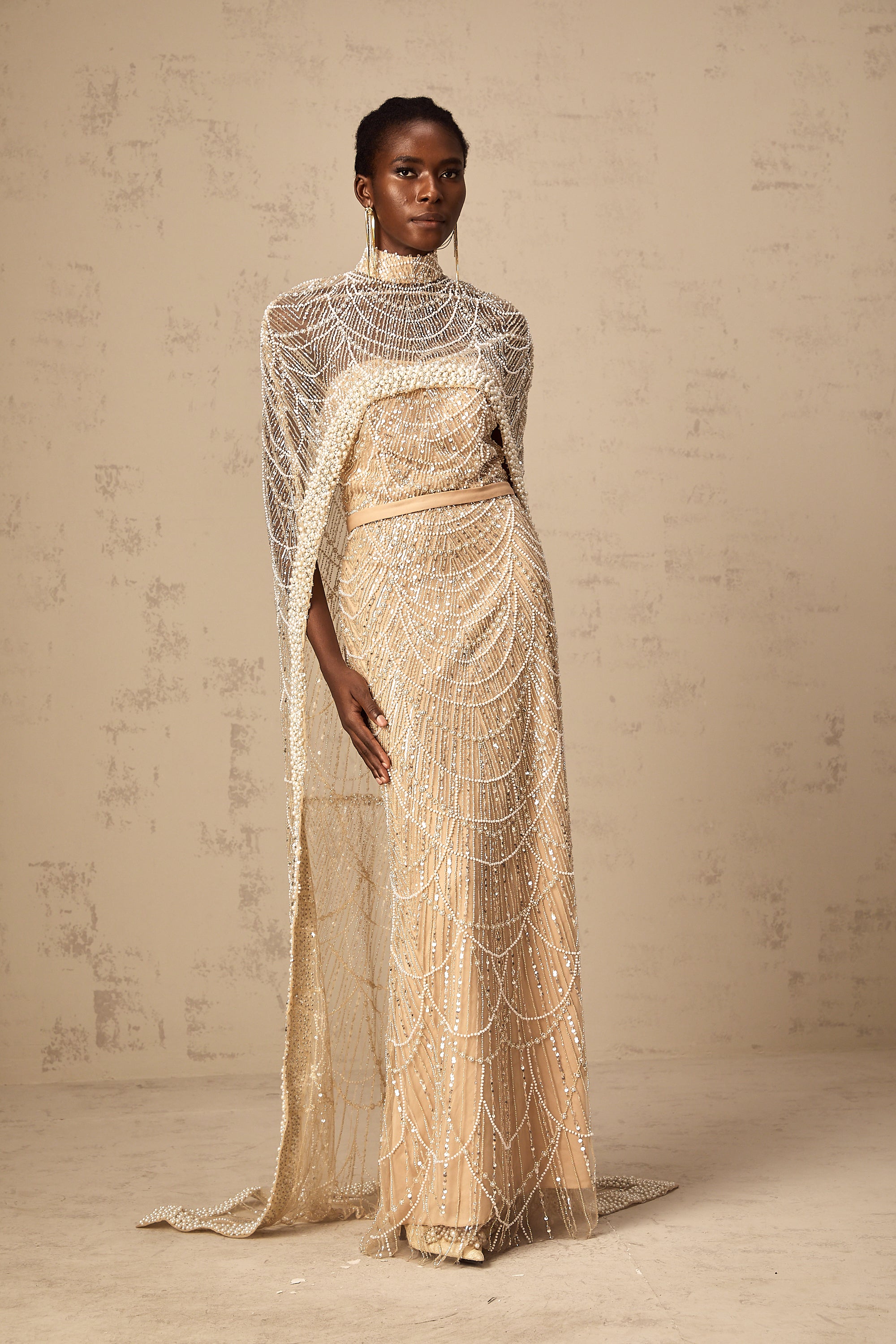 Frederica champagne beaded cape & gown matching set