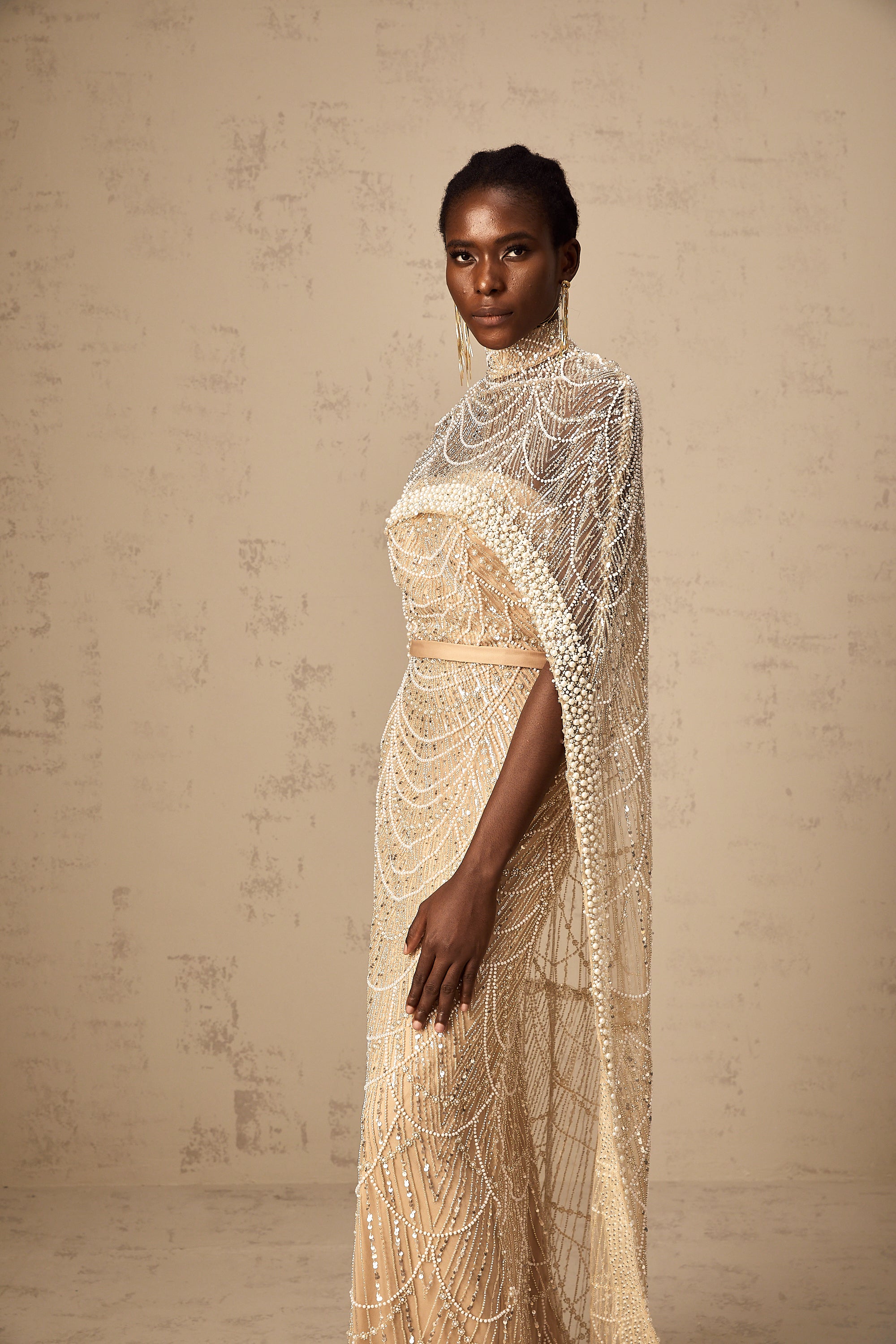 Frederica champagne beaded cape & gown matching set