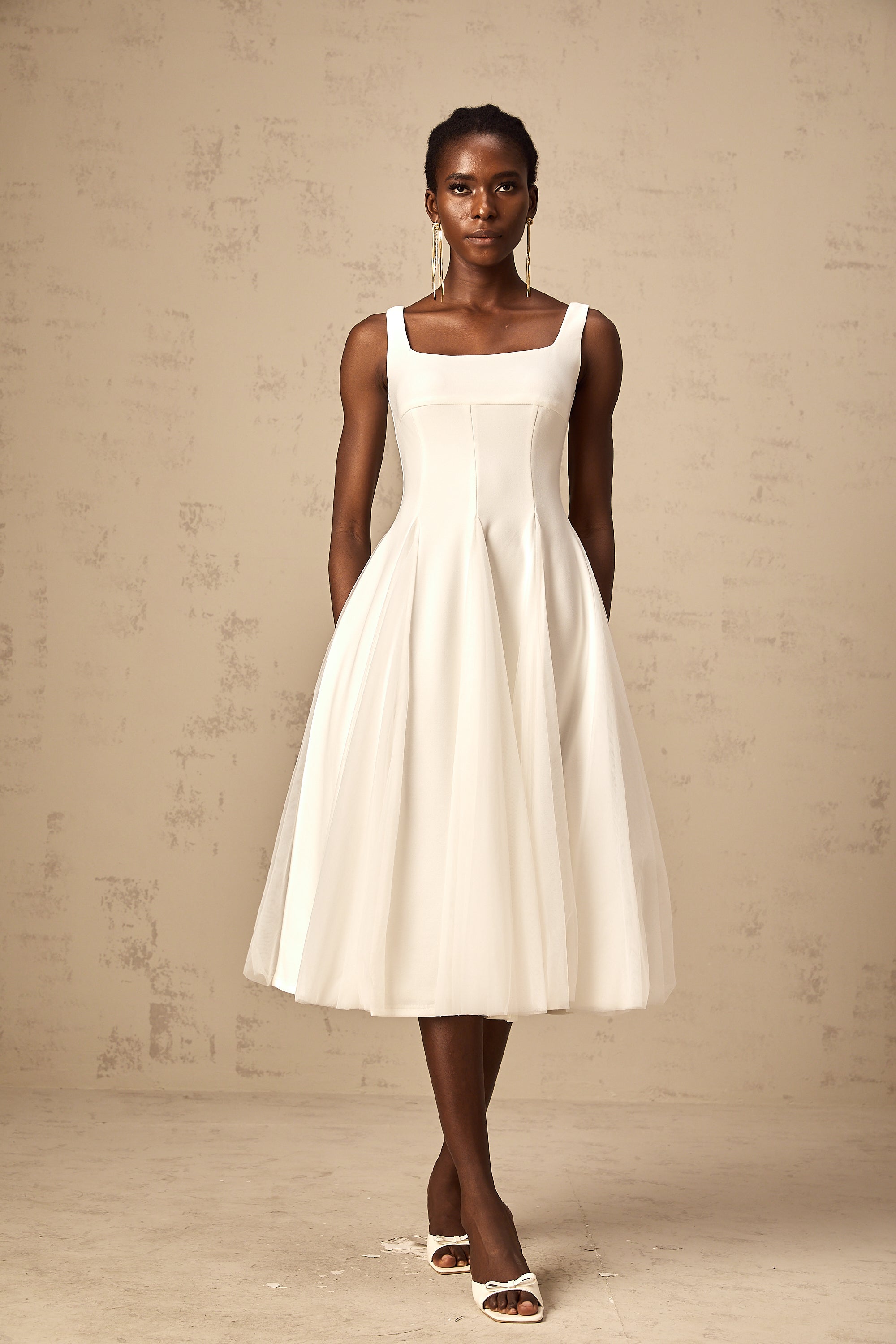 Danielle white tulle godet midi dress