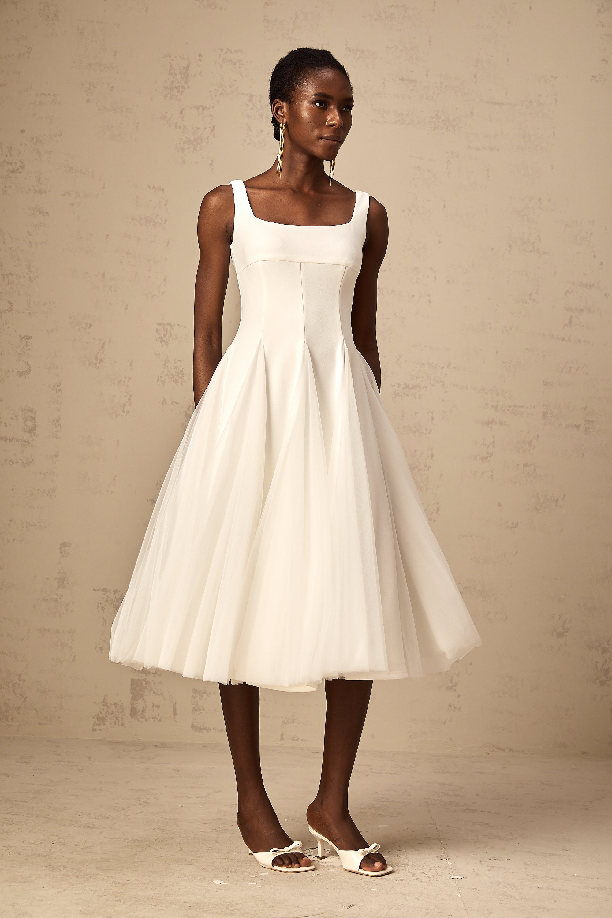 Danielle white tulle godet midi dress