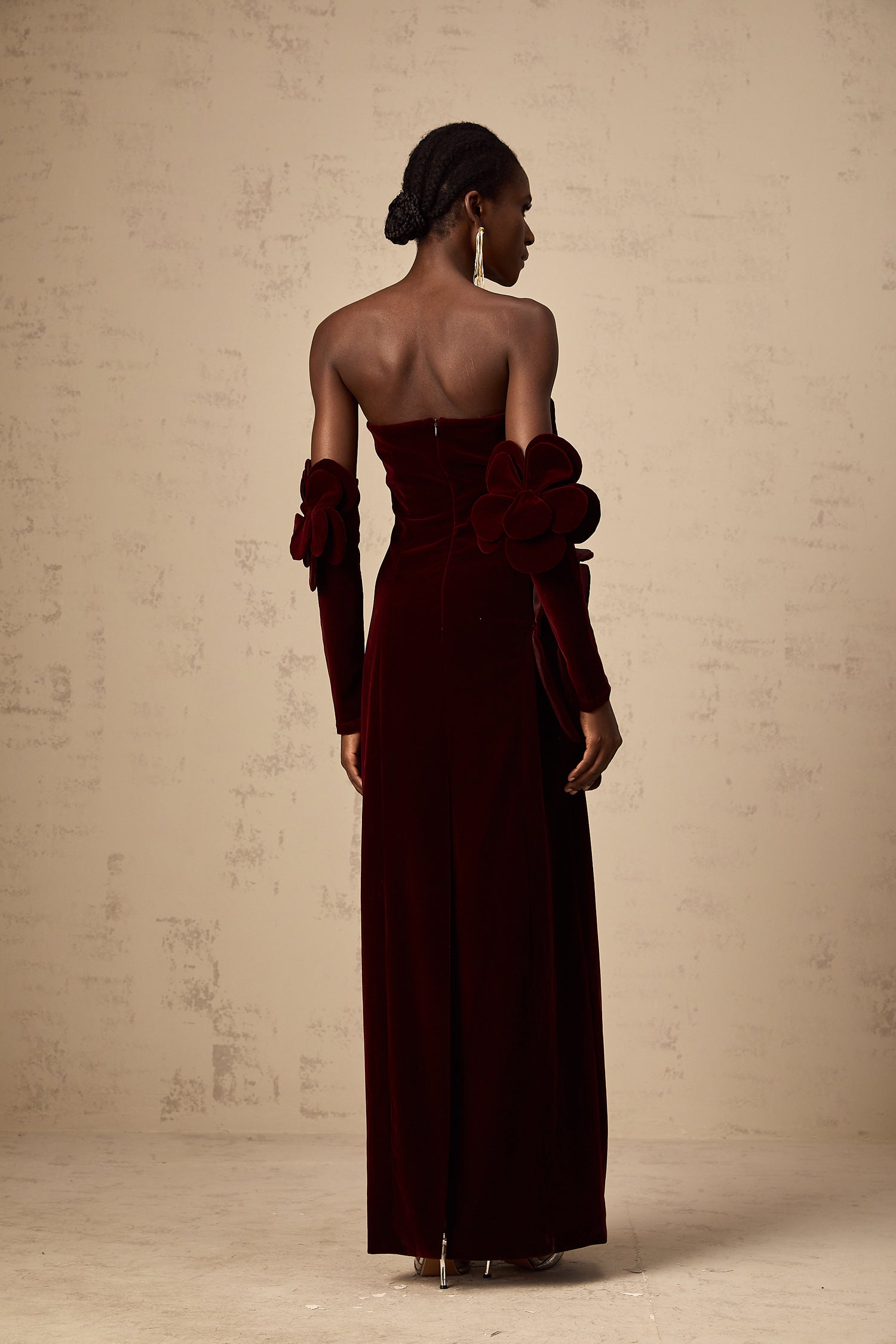 Ruched floral-appliqué red dress