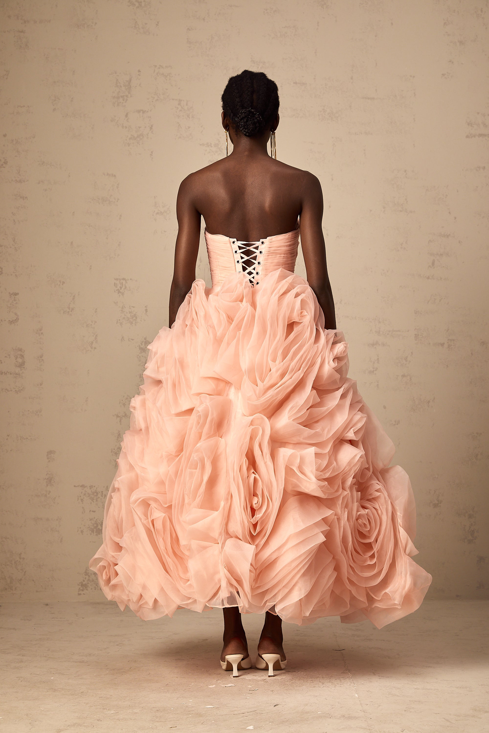 Leane pink off-shoulder 3d-petal tulle midi dress