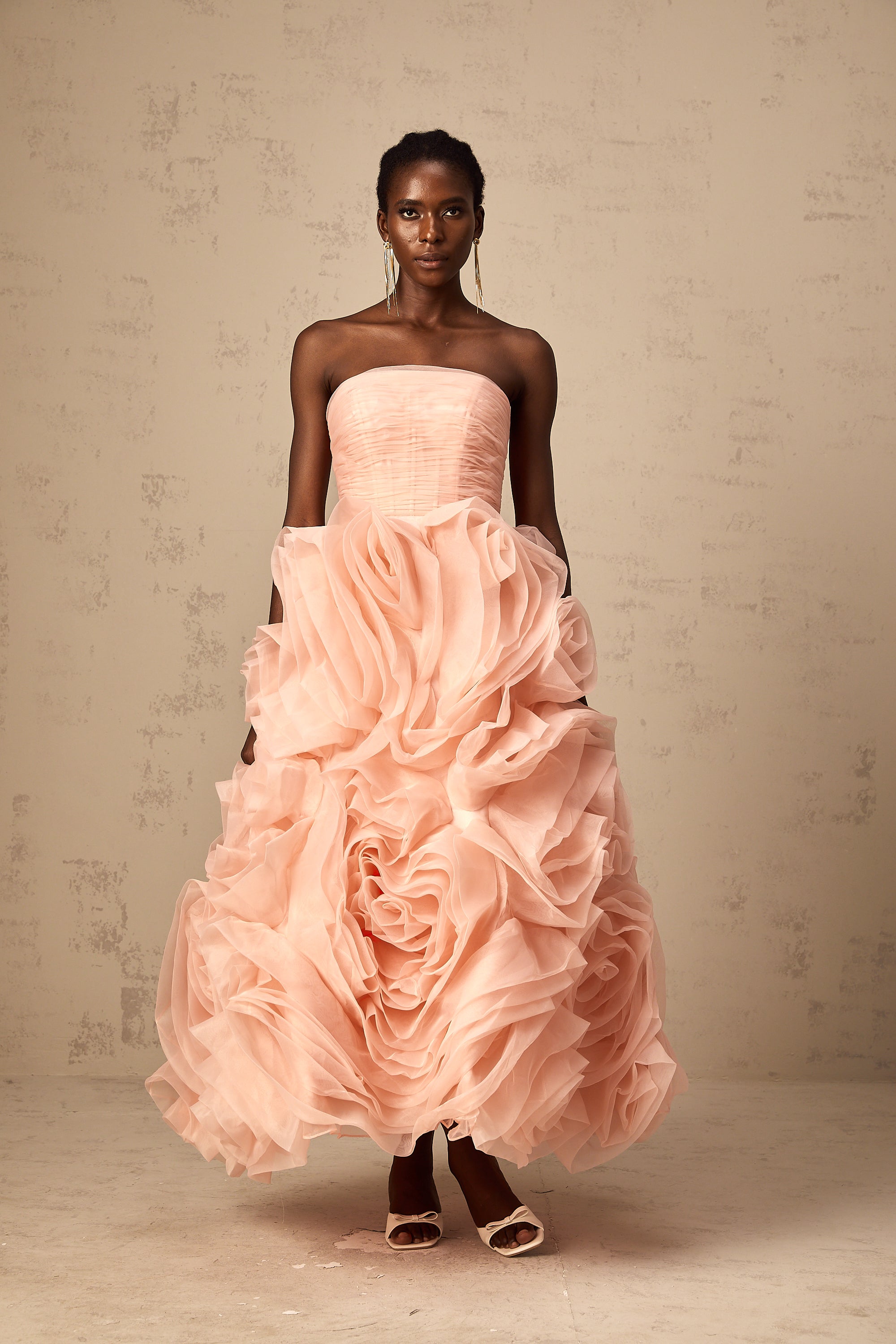 Leane pink off-shoulder 3d-petal tulle midi dress