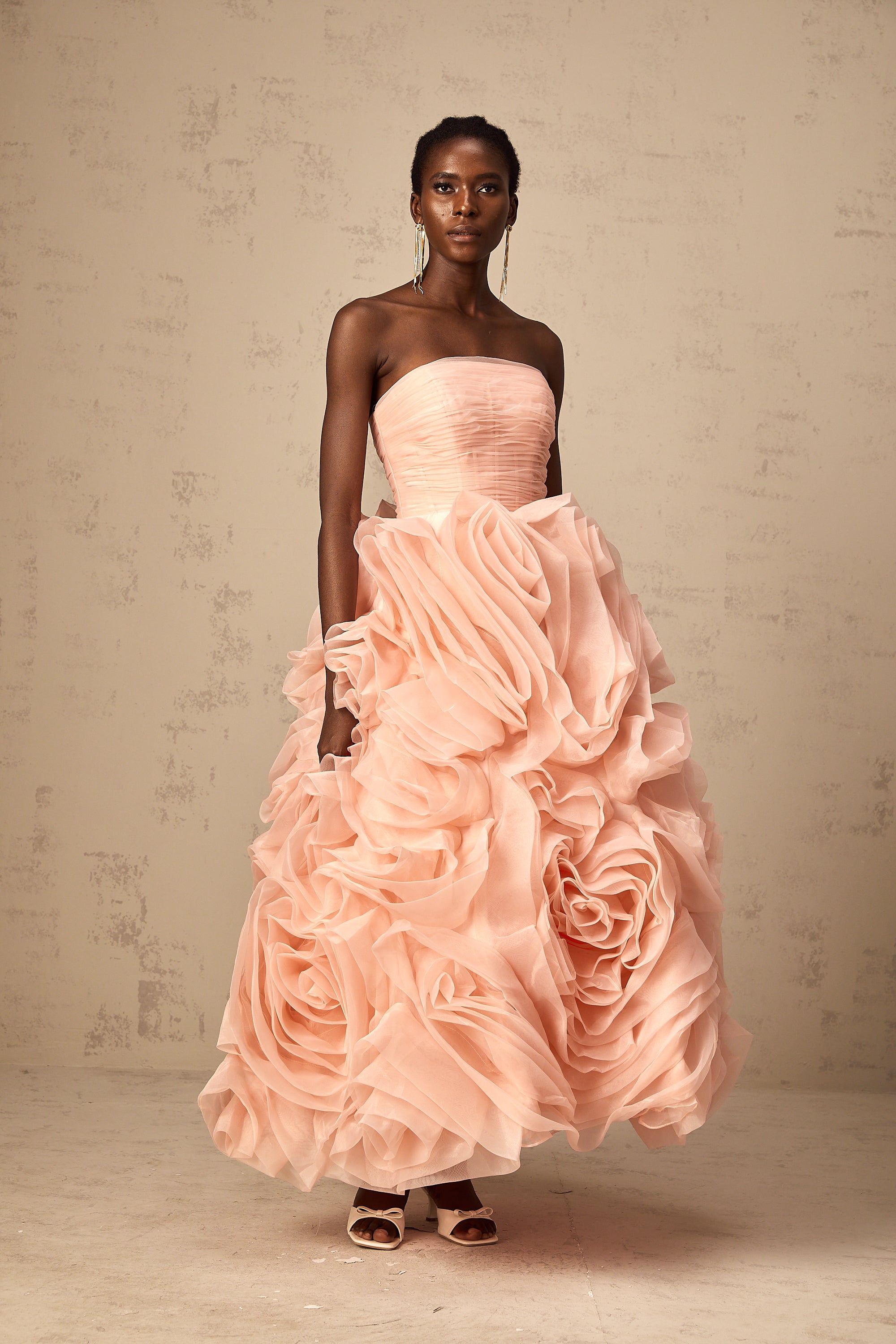 Leane pink off-shoulder 3d-petal tulle midi dress