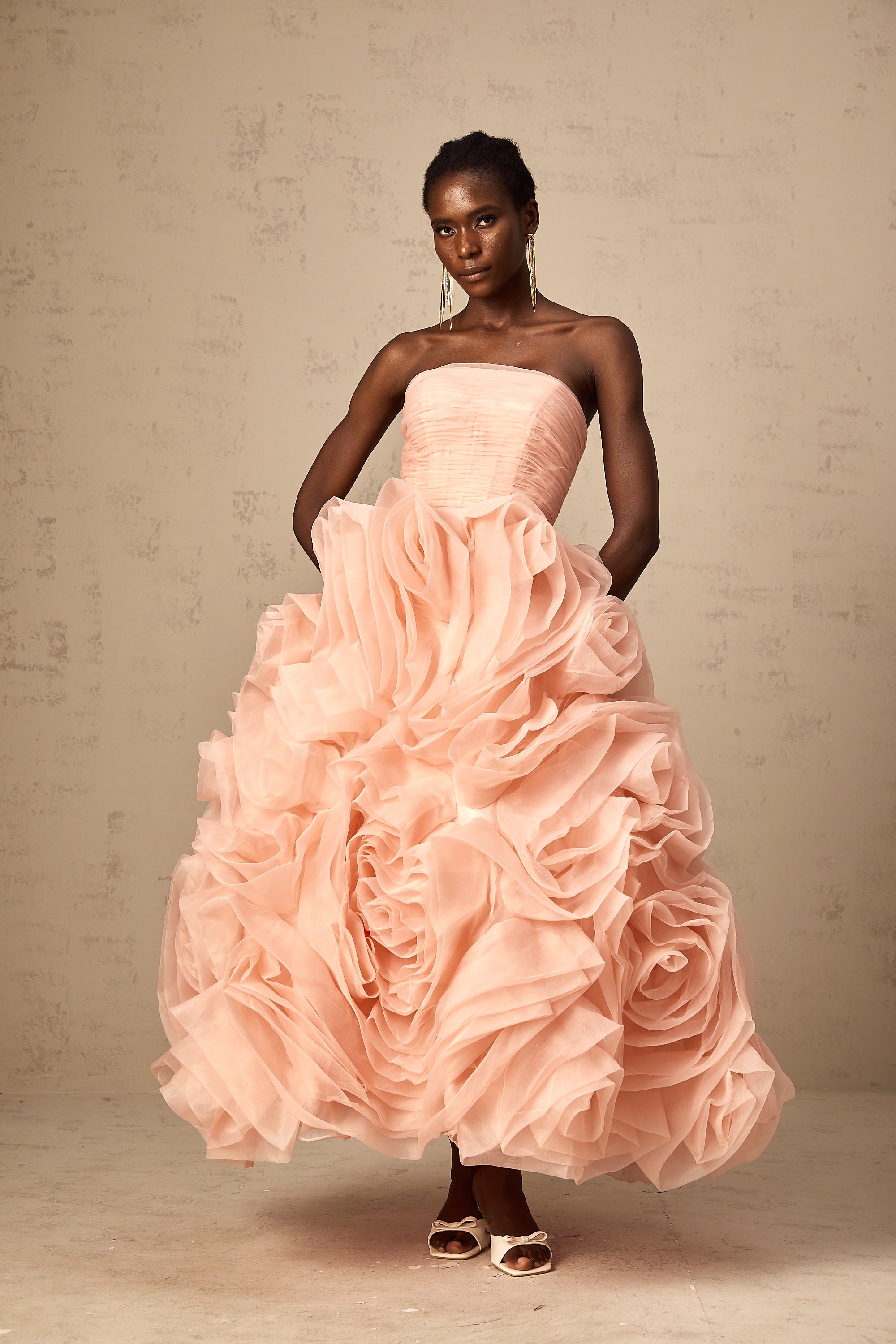 Leane pink off-shoulder 3d-petal tulle midi dress