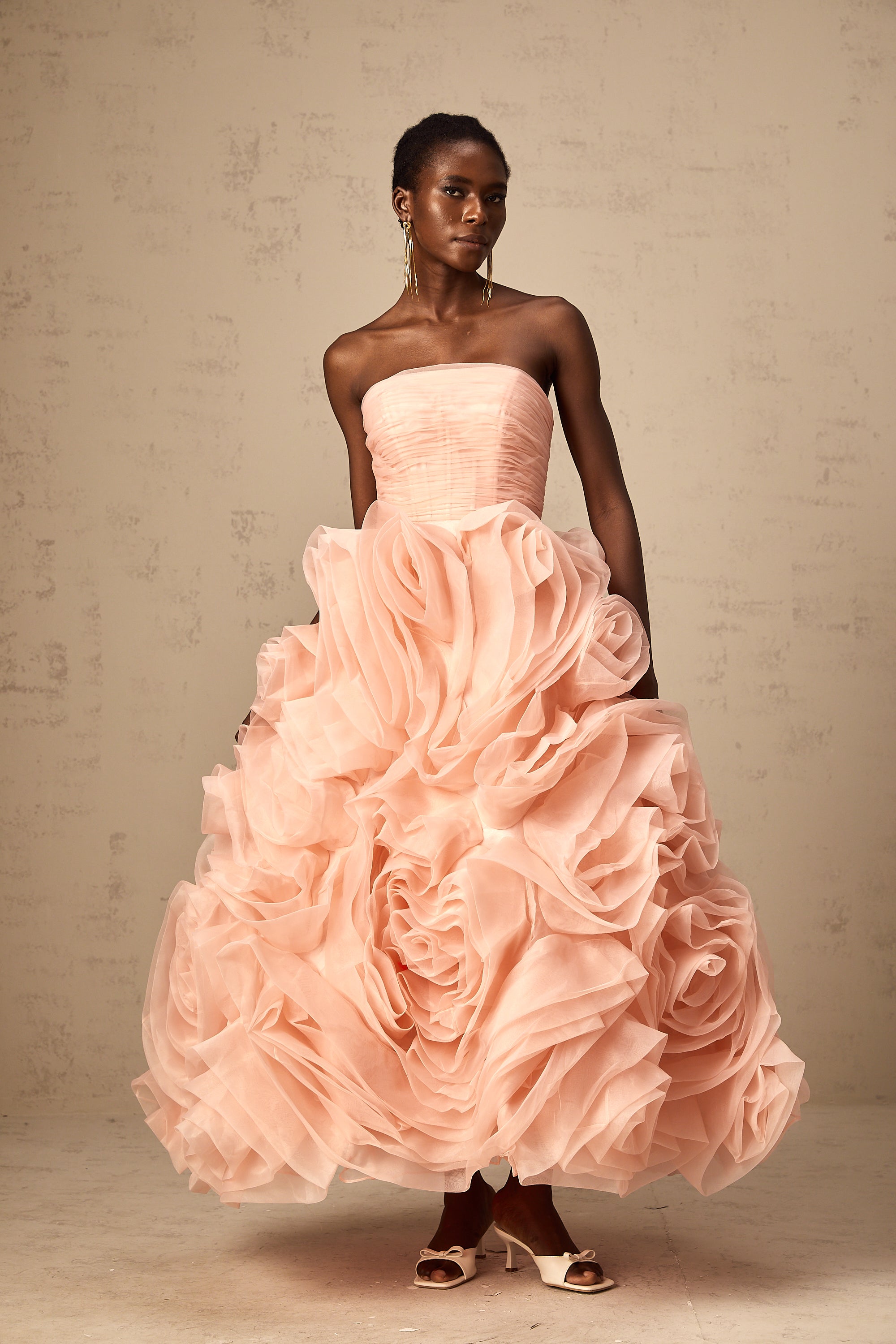 Leane pink off-shoulder 3d-petal tulle midi dress